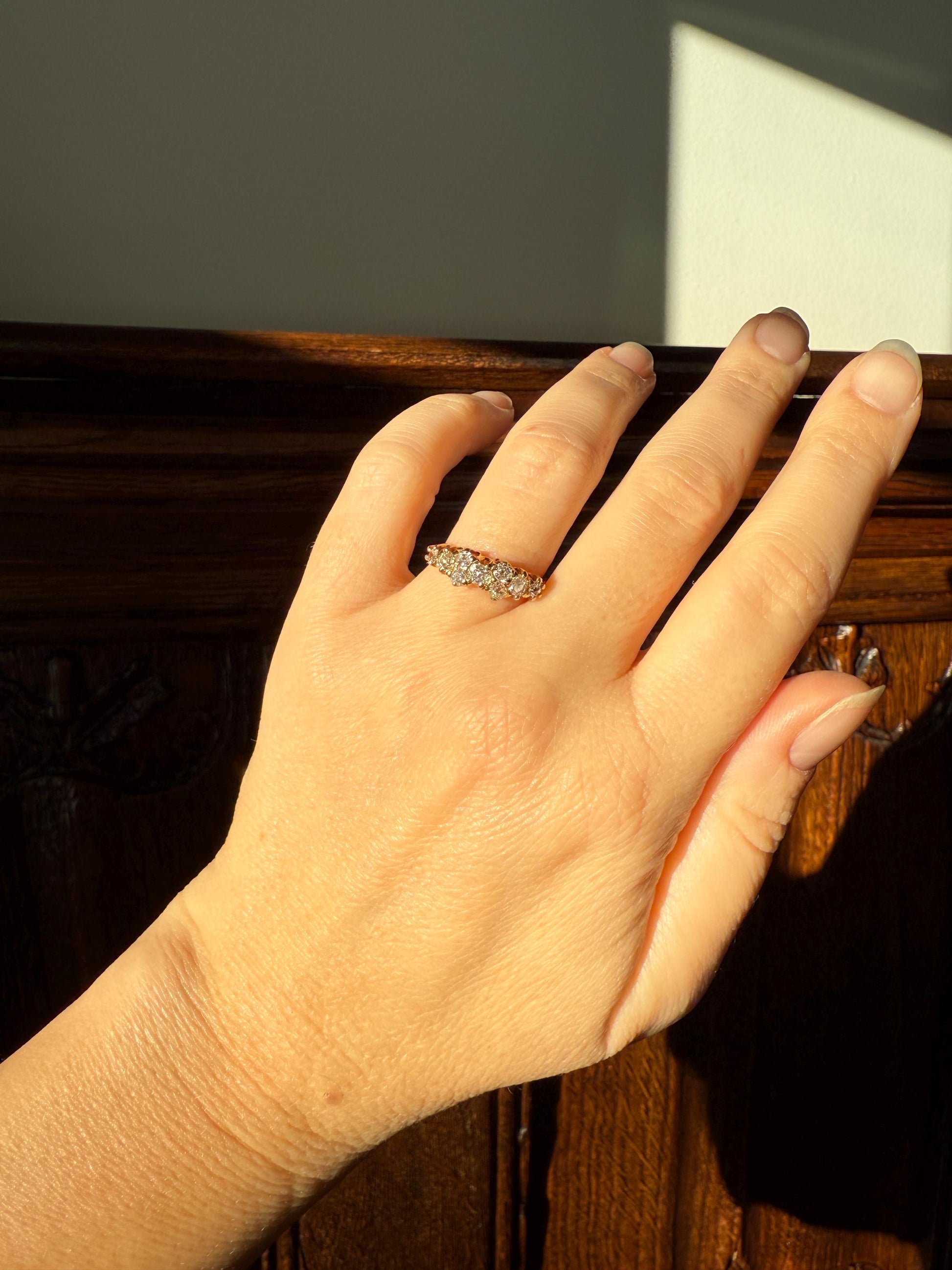 Unique Antique .9 Carat Old Mine Cut Diamond Nine Stone Band Mini Cluster Ring 18k Gold Victorian
