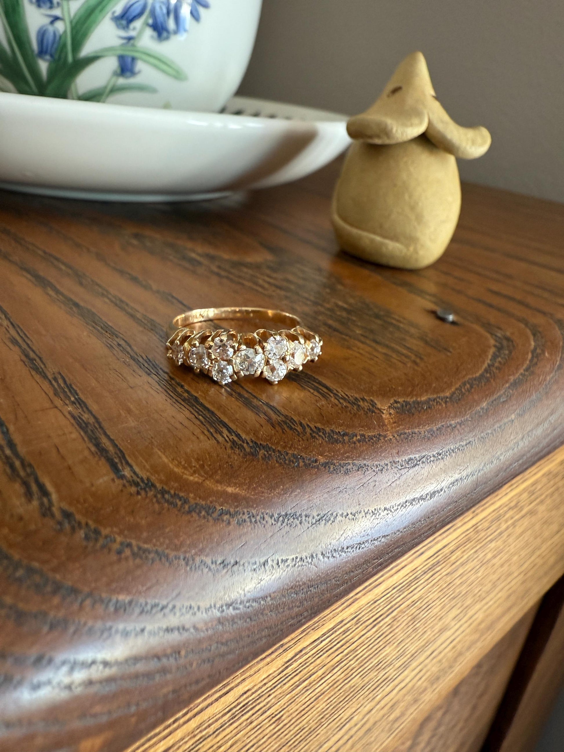 Unique Antique .9 Carat Old Mine Cut Diamond Nine Stone Band Mini Cluster Ring 18k Gold Victorian
