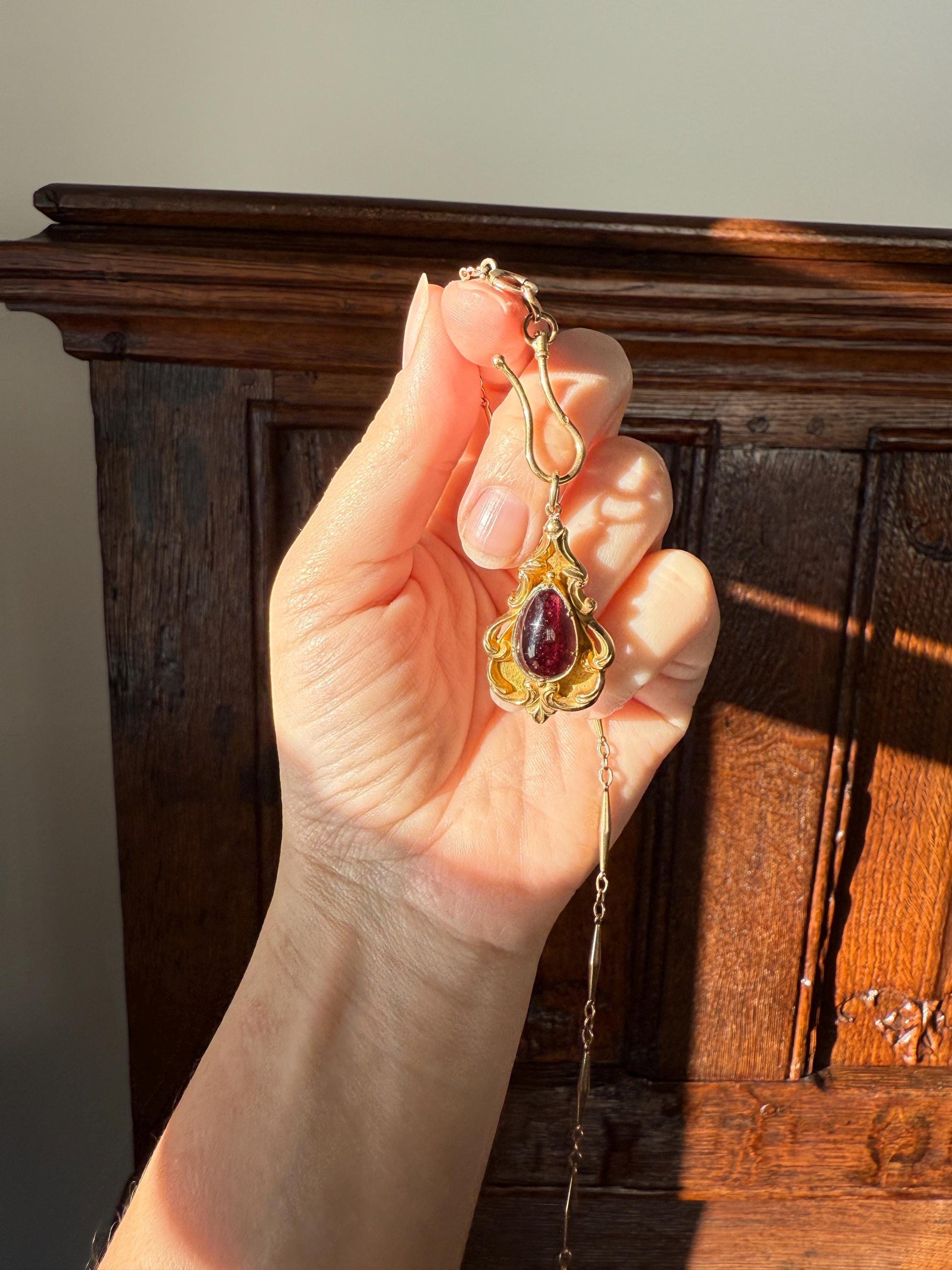 Juicy Victorian Antique Crimson Red Pear Natural Garnet 18k Gold Scrolled Teardrop Pendant Ornate Inner Glow