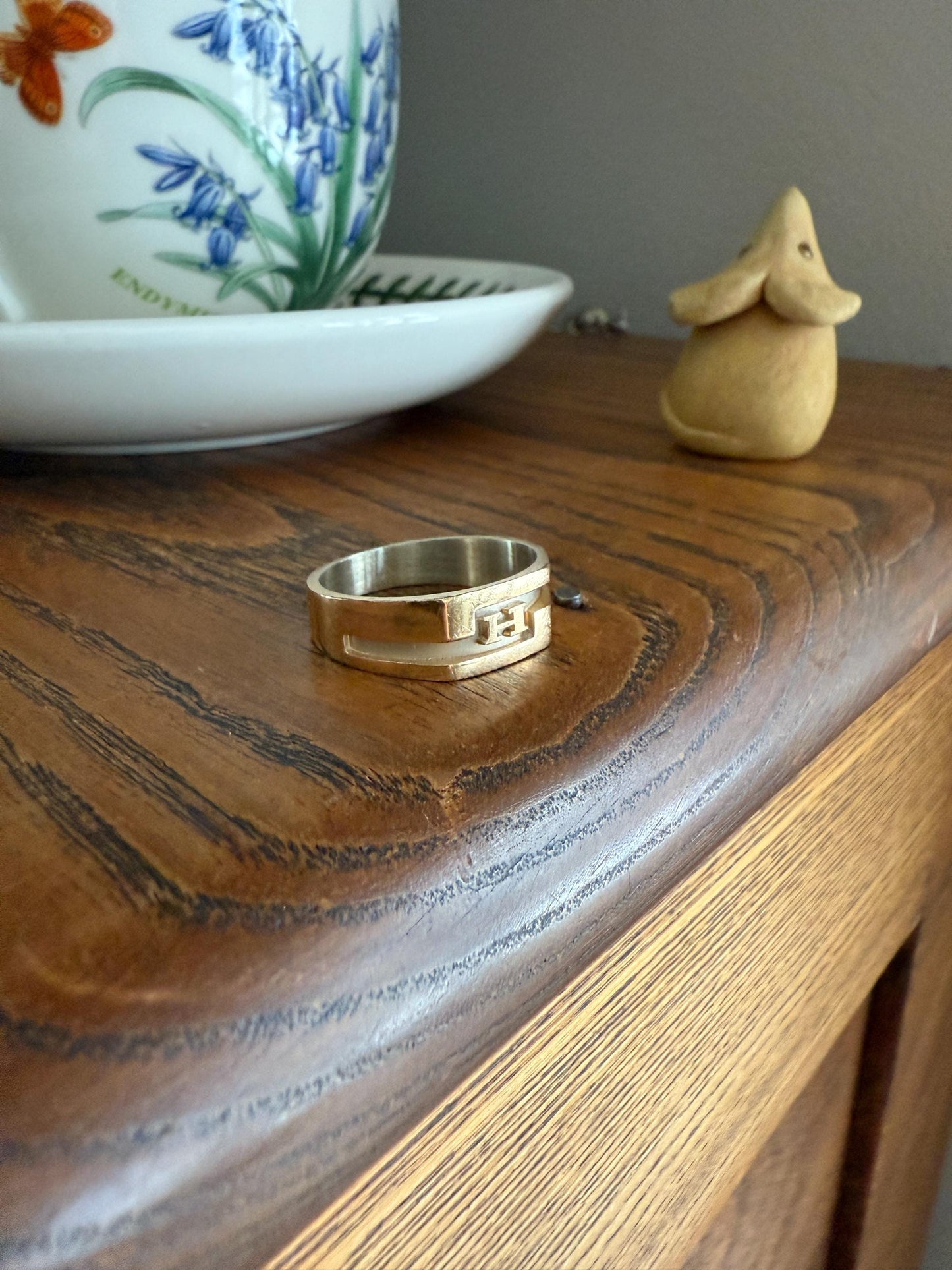 Vintage LETTER H Initial Signet Ring Chunky French 6.2g 18k Gold Geometric Linear Man Cigar Band Unisex Art Deco Antique