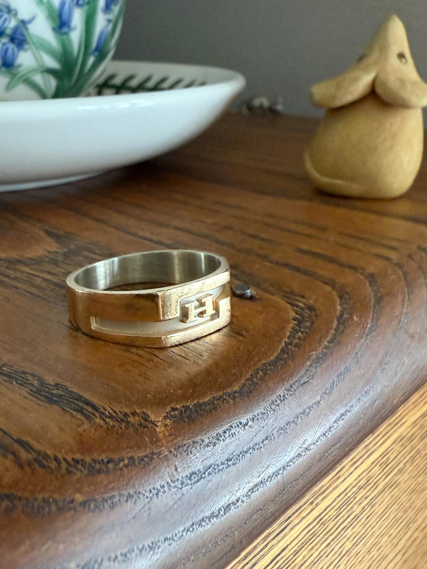 Vintage LETTER H Initial Signet Ring Chunky French 6.2g 18k Gold Geometric Linear Man Cigar Band Unisex Art Deco Antique