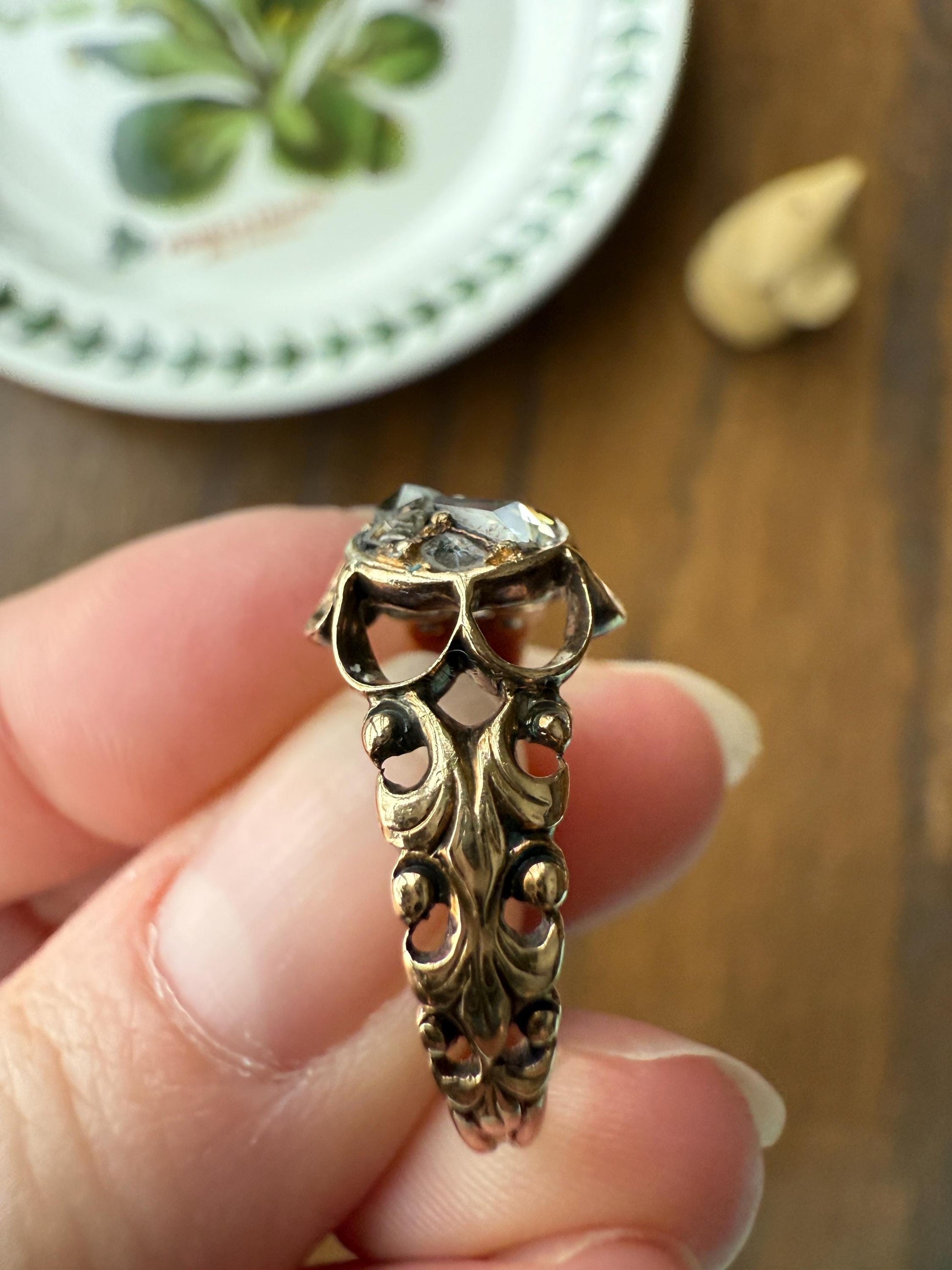 RARE 1700s Chiffre Triangle Rose Cut DIAMOND Ring French ANTiQUE Cobblestone Cluster Buttercup 18k Gold Fleur de Lis Victorian Band