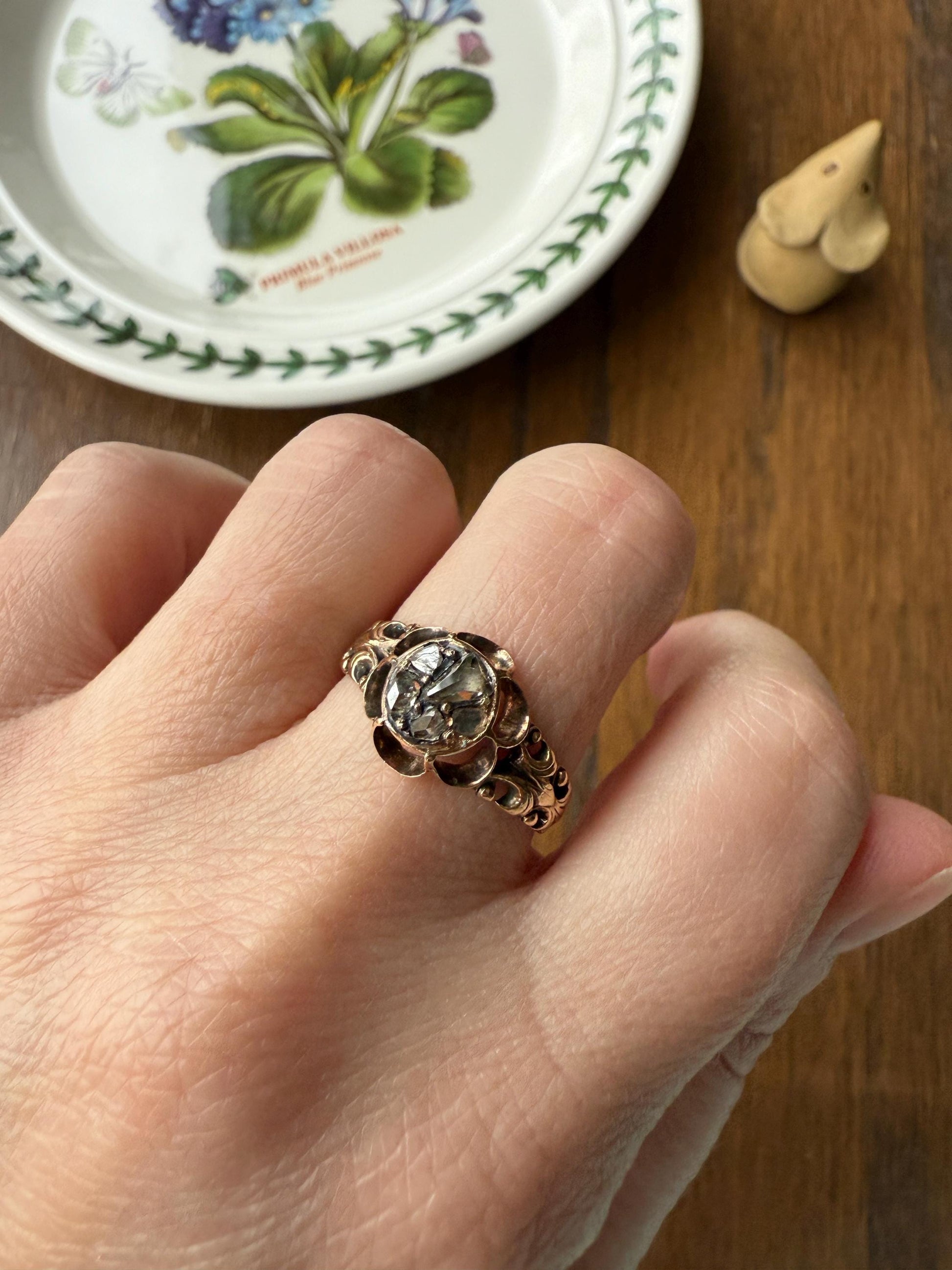 RARE 1700s Chiffre Triangle Rose Cut DIAMOND Ring French ANTiQUE Cobblestone Cluster Buttercup 18k Gold Fleur de Lis Victorian Band