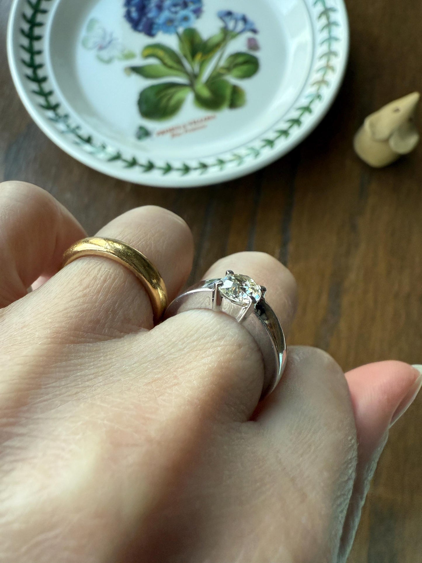 Vintage One Carat Antique Old Mine Cut DIAMOND Ring Stacker Band 7.7g 18k White Gold Solitaire Geometric Engagement 1Ctw OmC