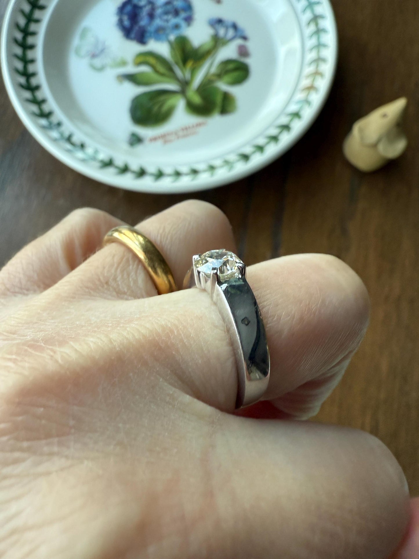 Vintage One Carat Antique Old Mine Cut DIAMOND Ring Stacker Band 7.7g 18k White Gold Solitaire Geometric Engagement 1Ctw OmC