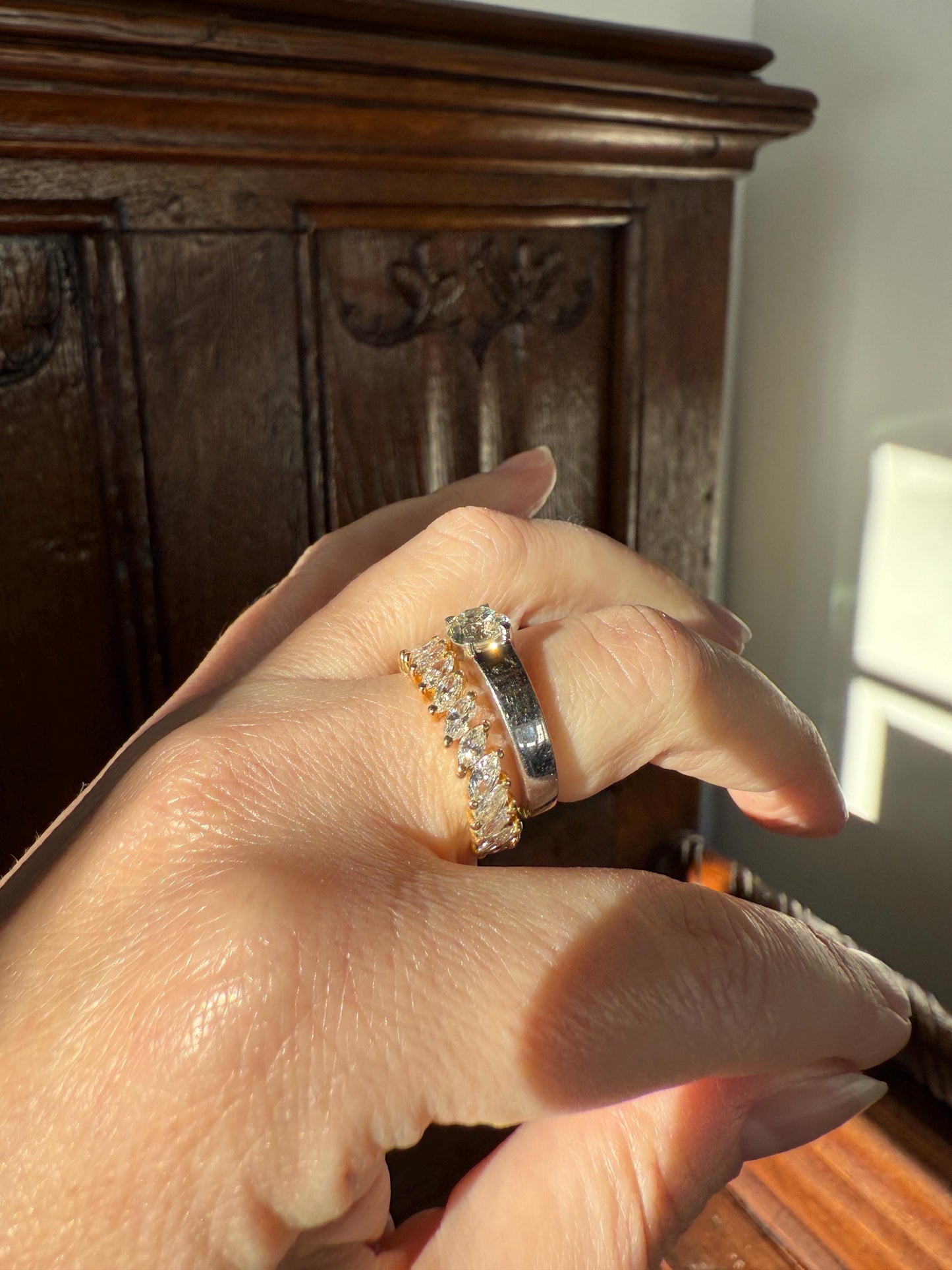 Vintage One Carat Antique Old Mine Cut DIAMOND Ring Stacker Band 7.7g 18k White Gold Solitaire Geometric Engagement 1Ctw OmC