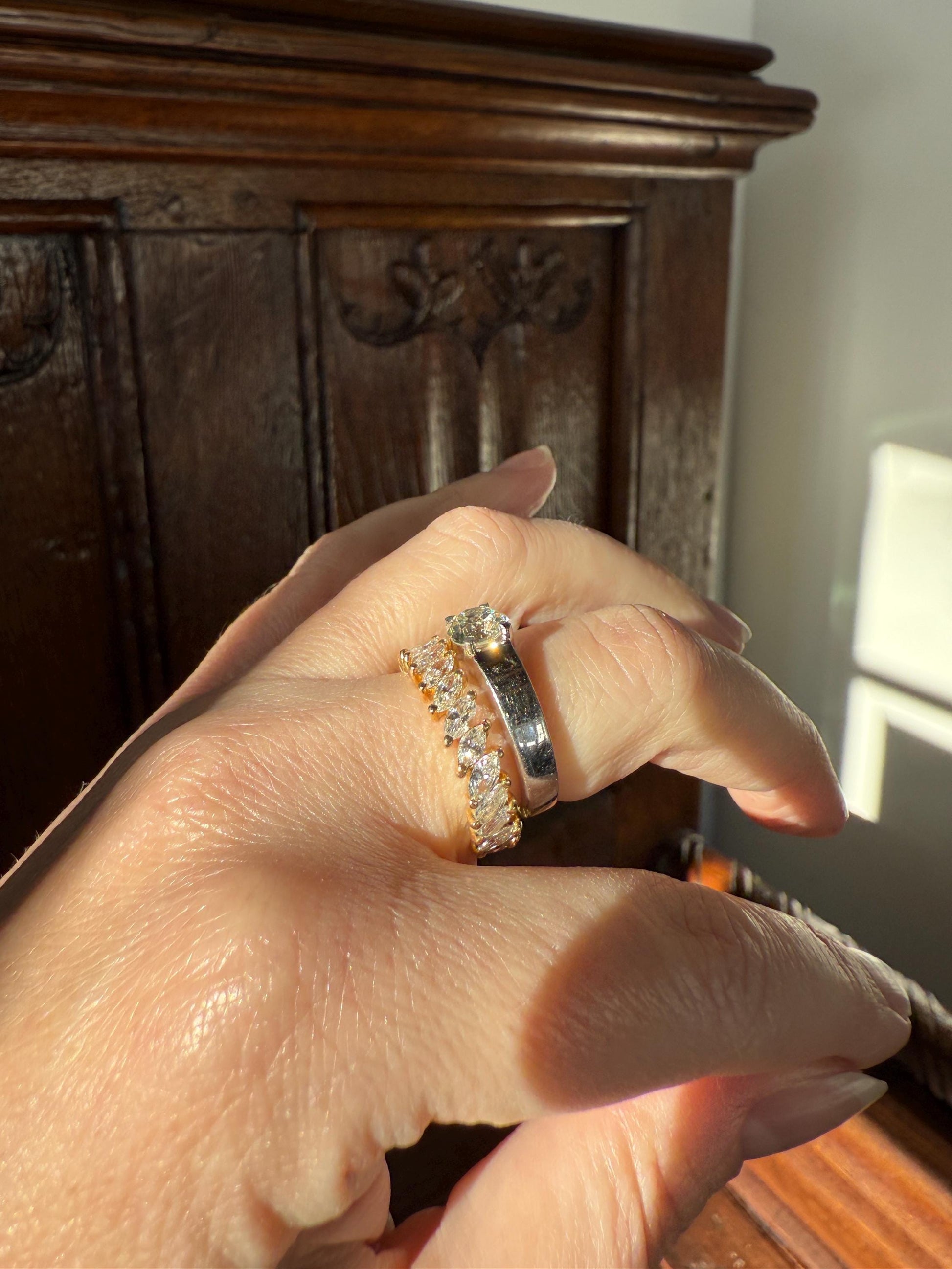Vintage One Carat Antique Old Mine Cut DIAMOND Ring Stacker Band 7.7g 18k White Gold Solitaire Geometric Engagement 1Ctw OmC