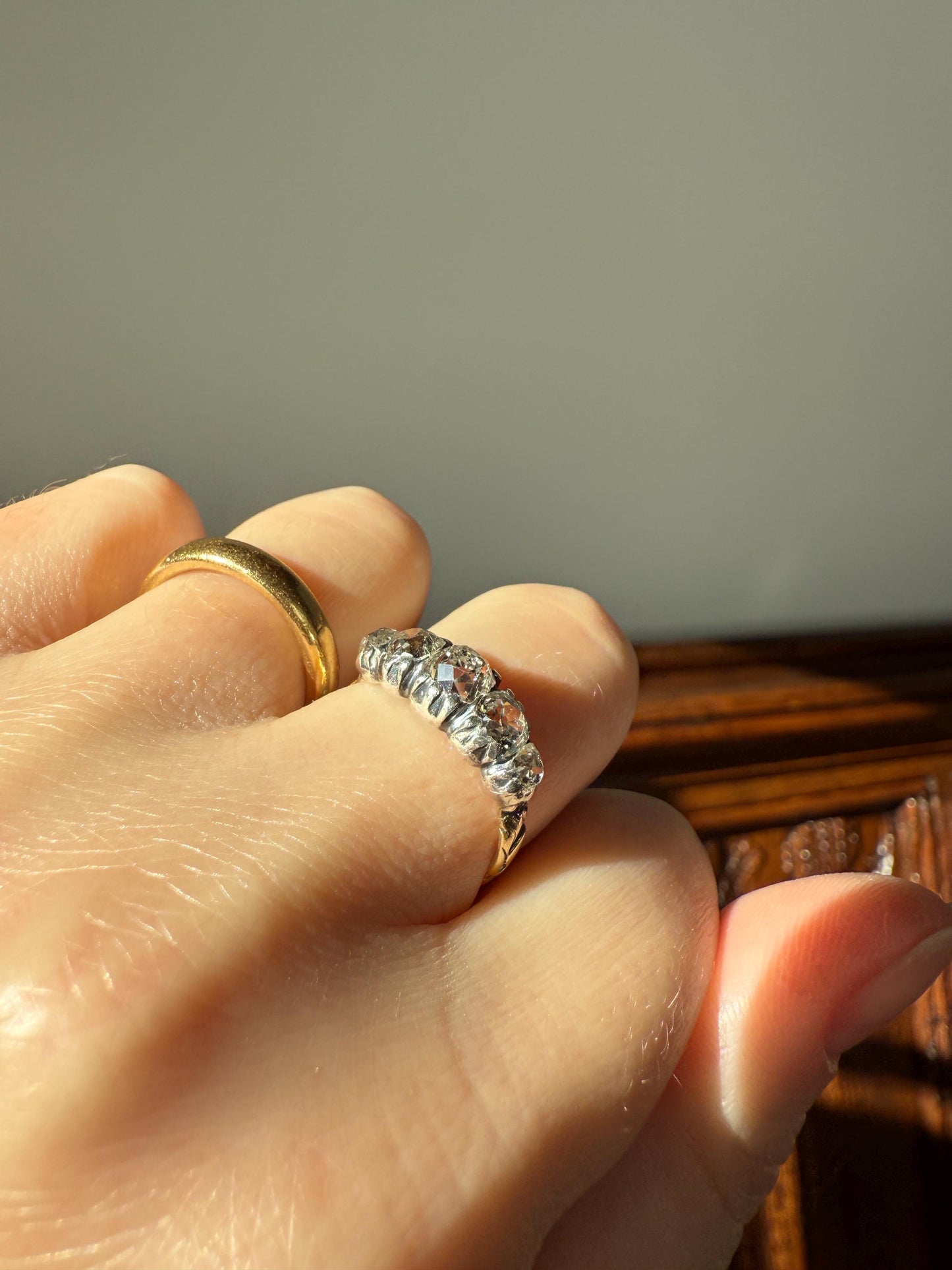 Chunky 2 Carats Old Mine Cut DIAMOND Five Stone Stacker Band Early Victorian Open Back Antique 18k Gold Silver Collet Georgian Stacker OMC