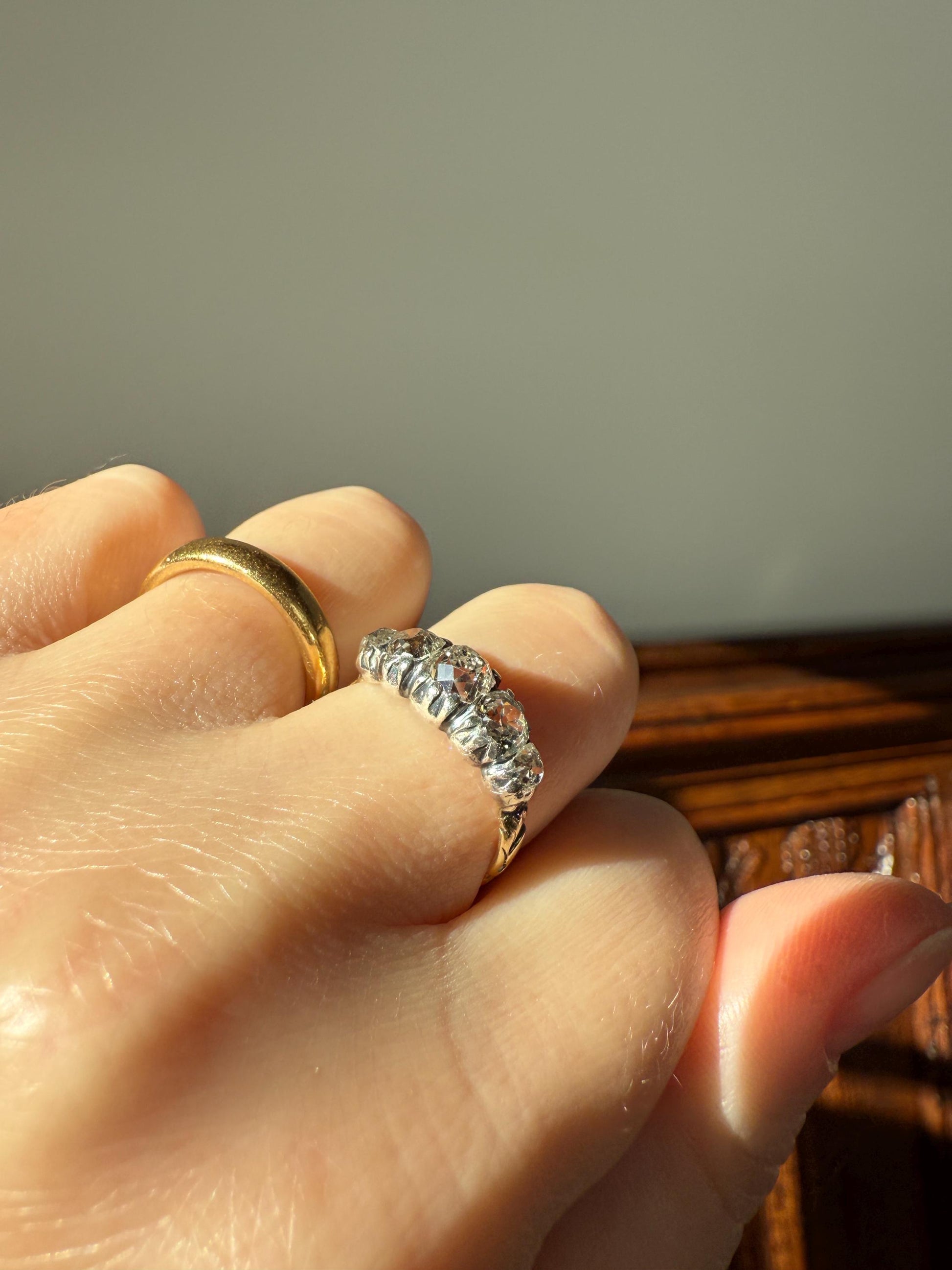 Chunky 2 Carats Old Mine Cut DIAMOND Five Stone Stacker Band Early Victorian Open Back Antique 18k Gold Silver Collet Georgian Stacker OMC