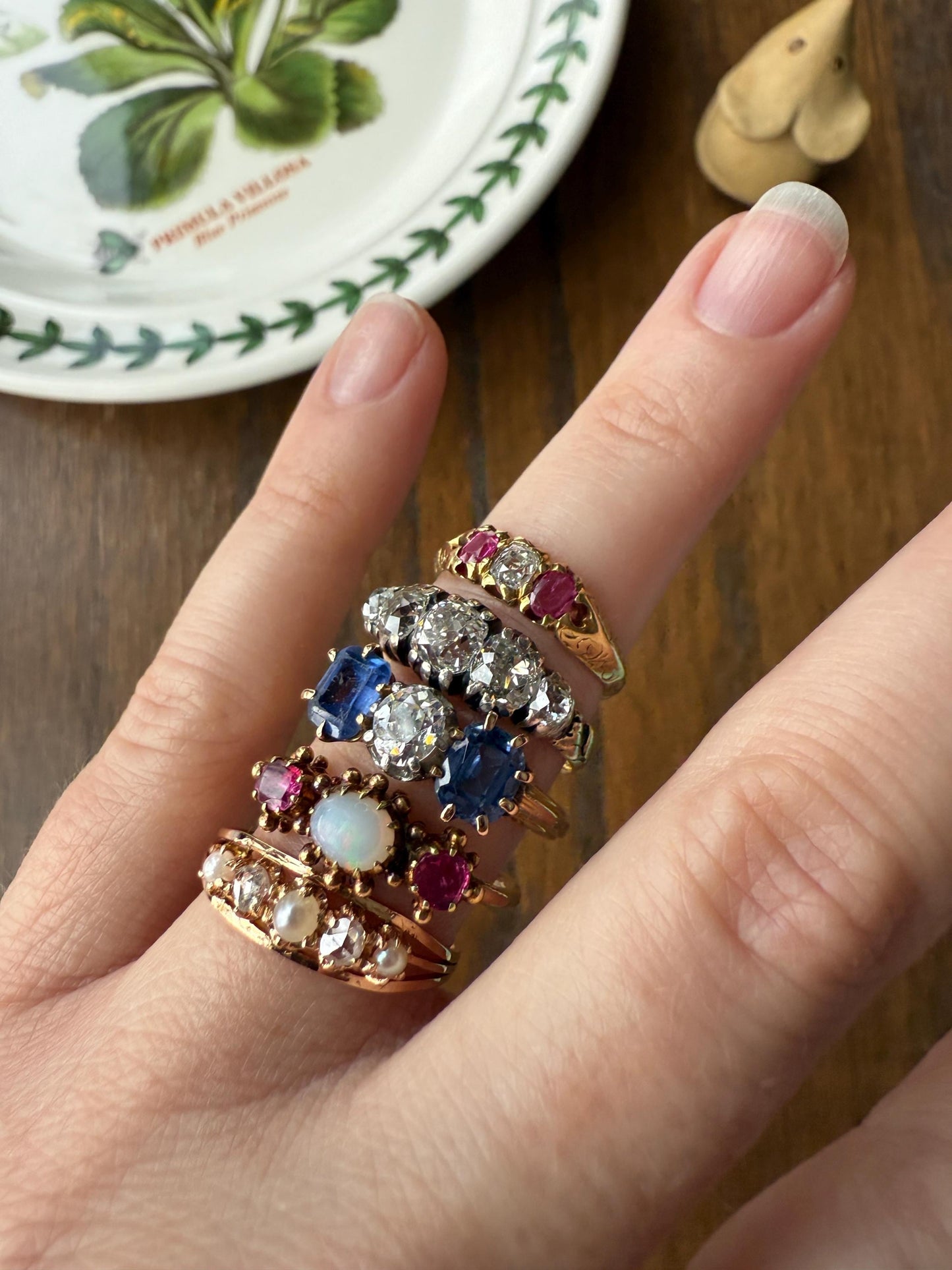 Antique Elongated Old Mine Cut DIAMOND Ruby Pink 18k Gold Three Stone Ring Stacker Band Victorian Pinky Midi Engraved Knife Edge Shoulders