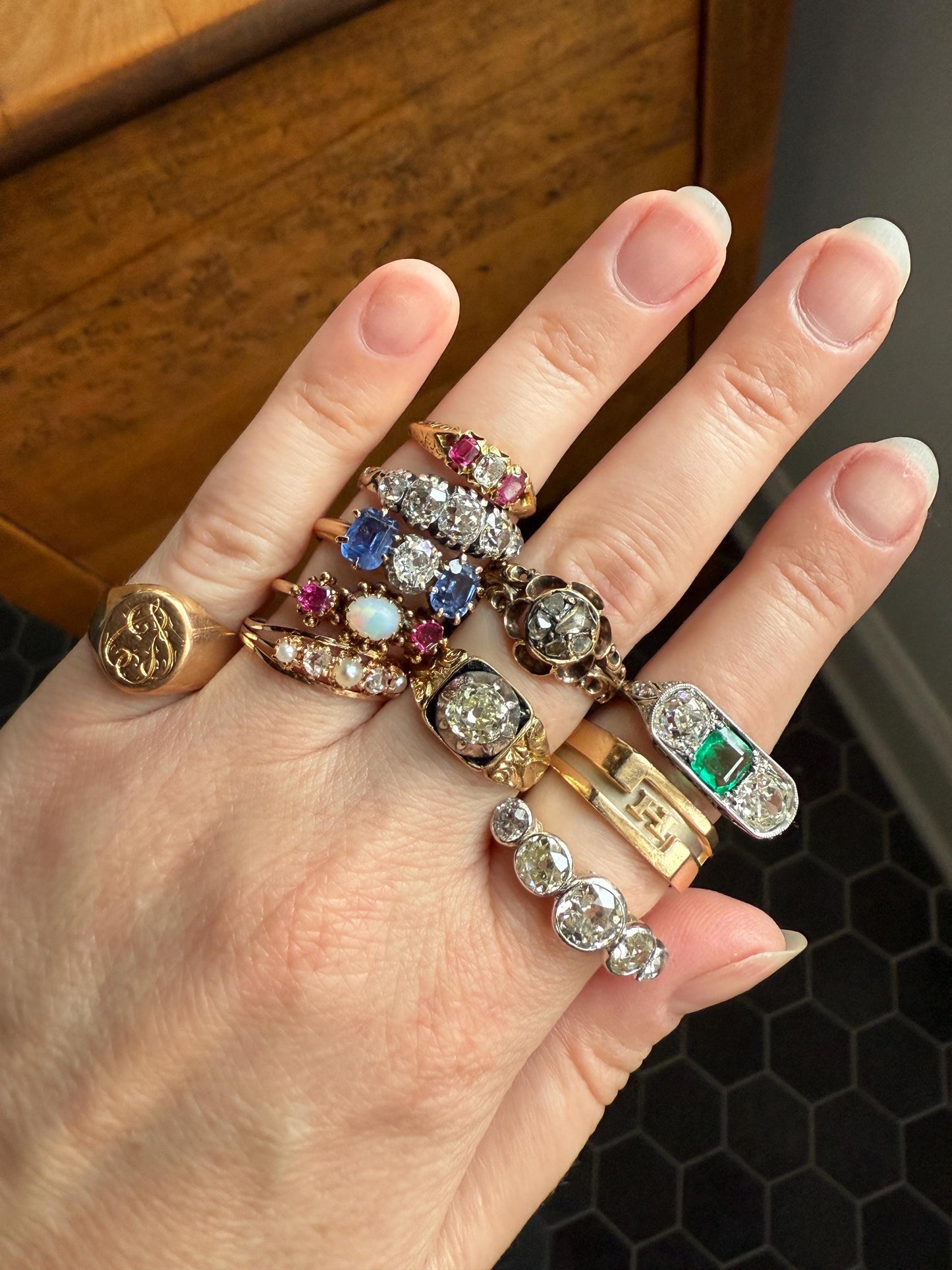Antique Elongated Old Mine Cut DIAMOND Ruby Pink 18k Gold Three Stone Ring Stacker Band Victorian Pinky Midi Engraved Knife Edge Shoulders