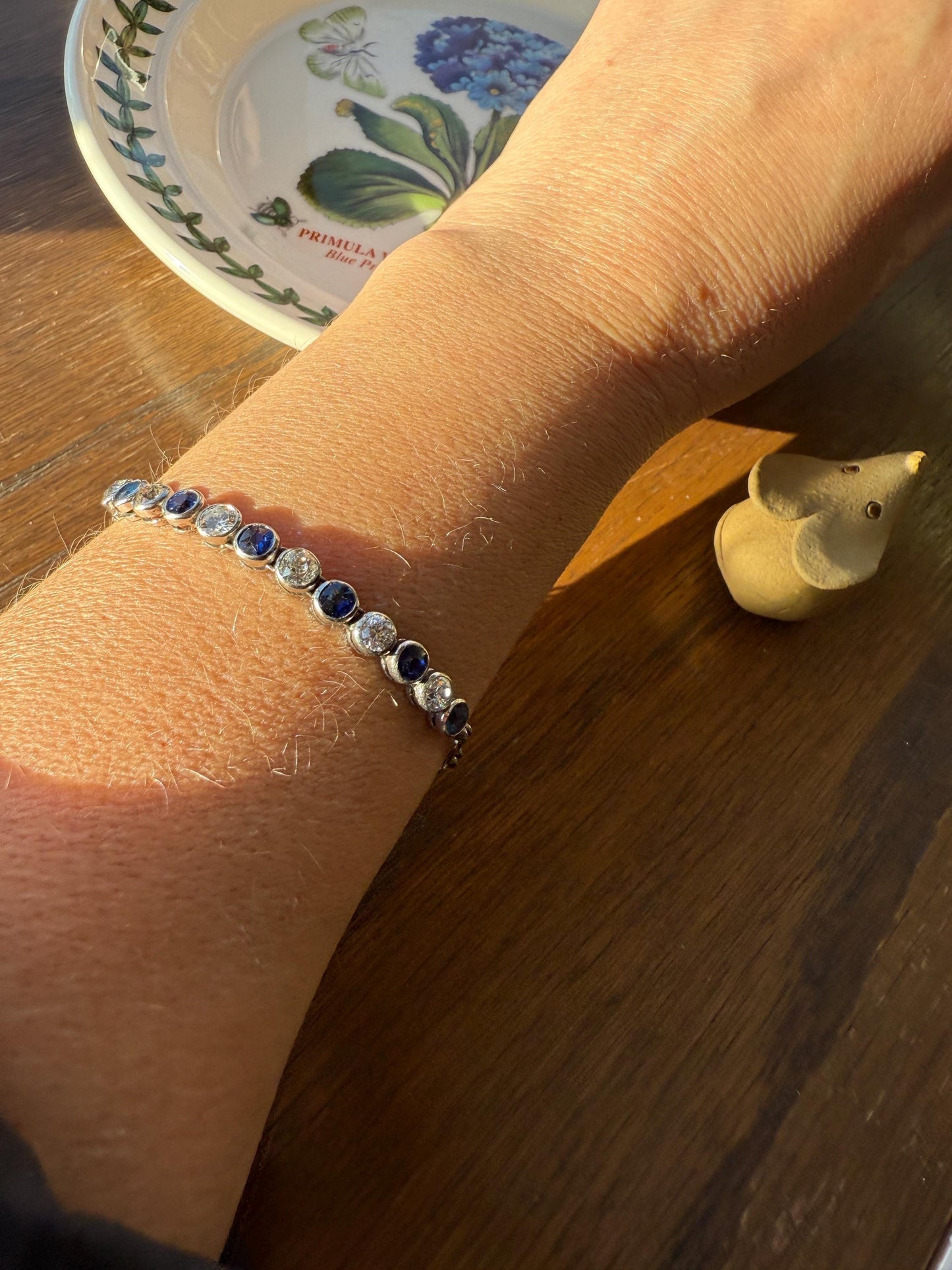 Art Deco SAPPHIRE Old Mine & Transitional Cut DIAMOND Tennis Bracelet 18k White Gold Vintage Bezel Set Milgrain Wriststack 5Ctw Stacker