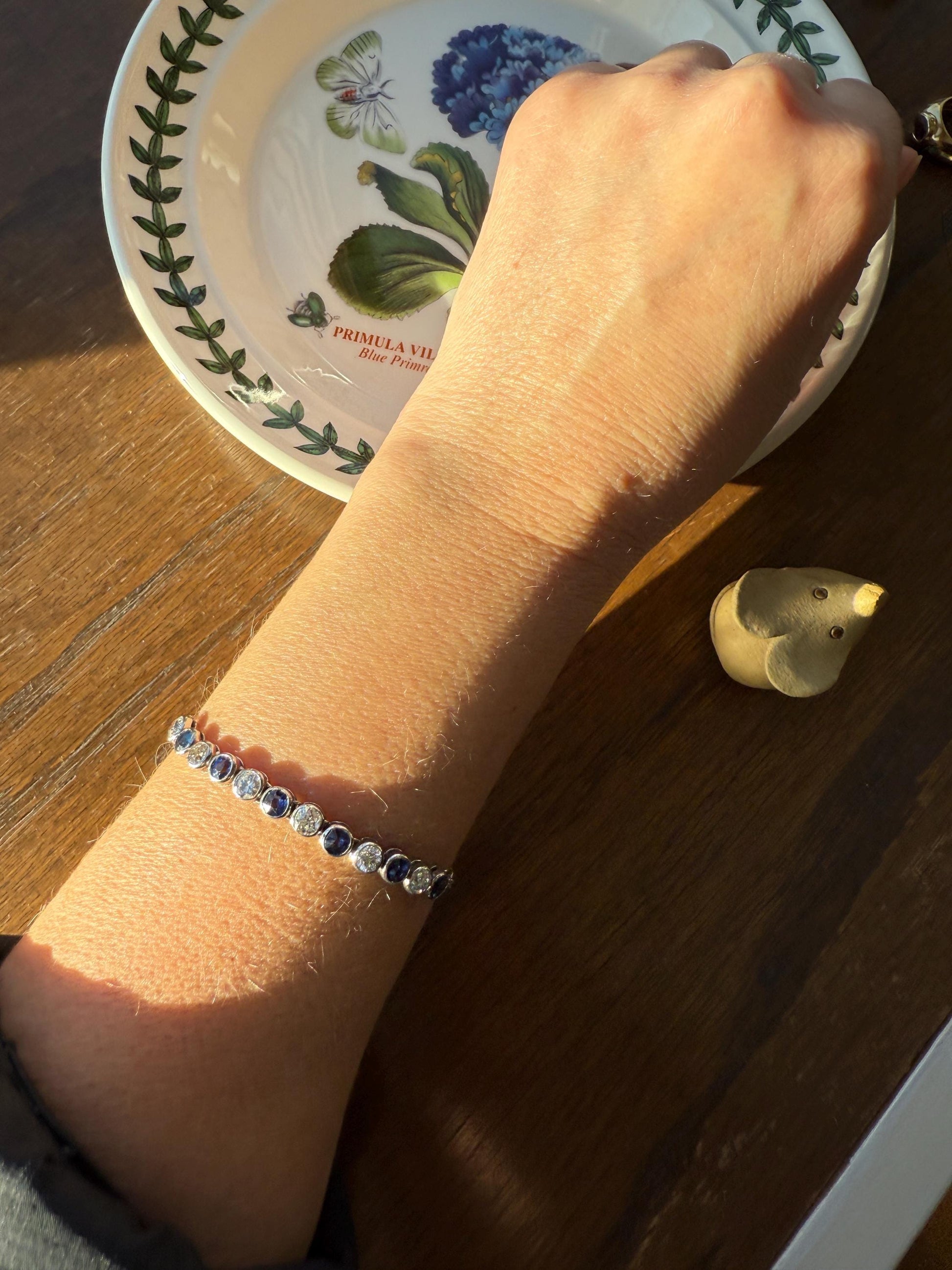 Art Deco SAPPHIRE Old Mine & Transitional Cut DIAMOND Tennis Bracelet 18k White Gold Vintage Bezel Set Milgrain Wriststack 5Ctw Stacker