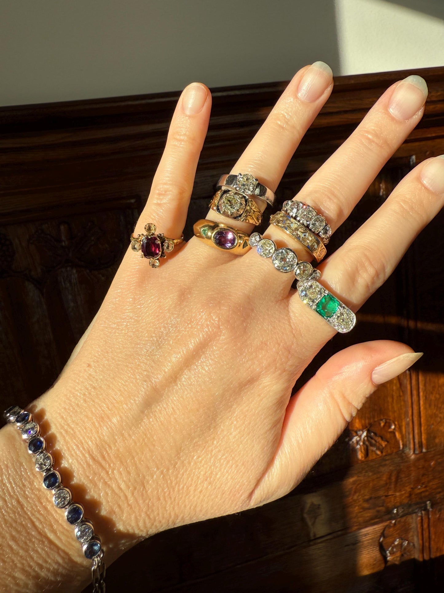 Art Deco SAPPHIRE Old Mine & Transitional Cut DIAMOND Tennis Bracelet 18k White Gold Vintage Bezel Set Milgrain Wriststack 5Ctw Stacker