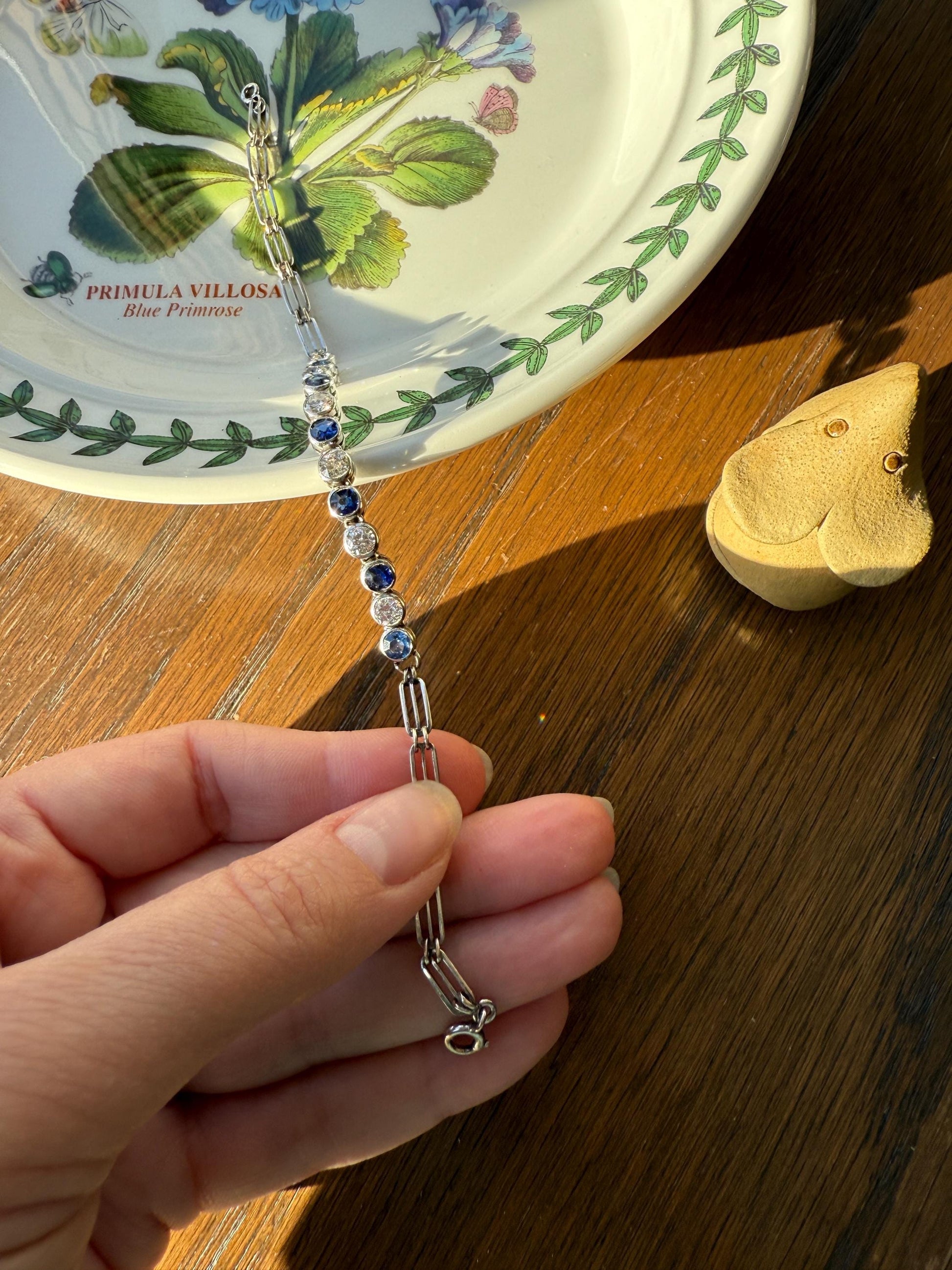 Art Deco SAPPHIRE Old Mine & Transitional Cut DIAMOND Tennis Bracelet 18k White Gold Vintage Bezel Set Milgrain Wriststack 5Ctw Stacker