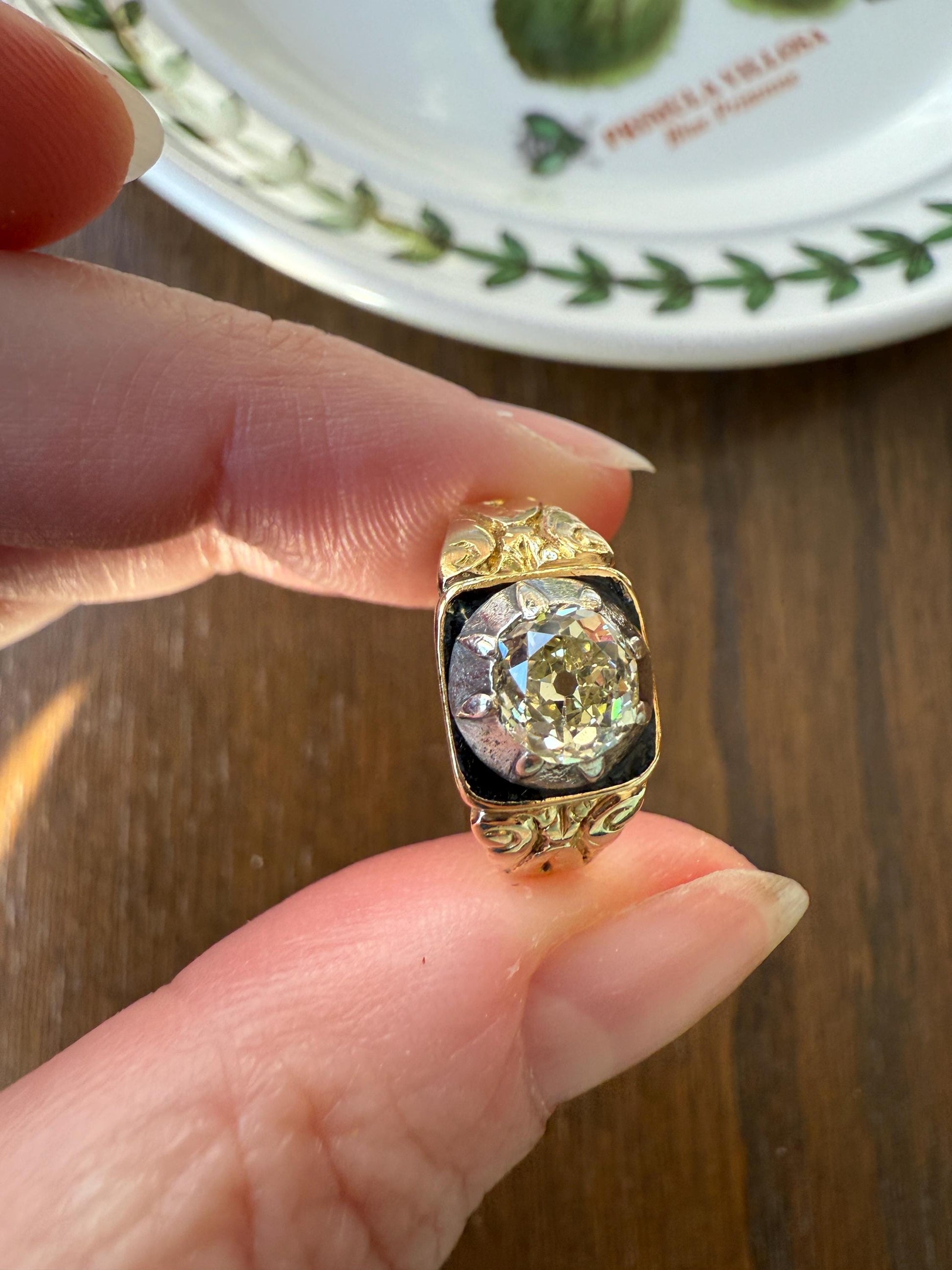 Chunky One Carat Old Mine Cut DIAMOND Solitaire Georgian to Early Victorian Open Back Antique 18k Gold Silver Collet Ornate Stacker OMC