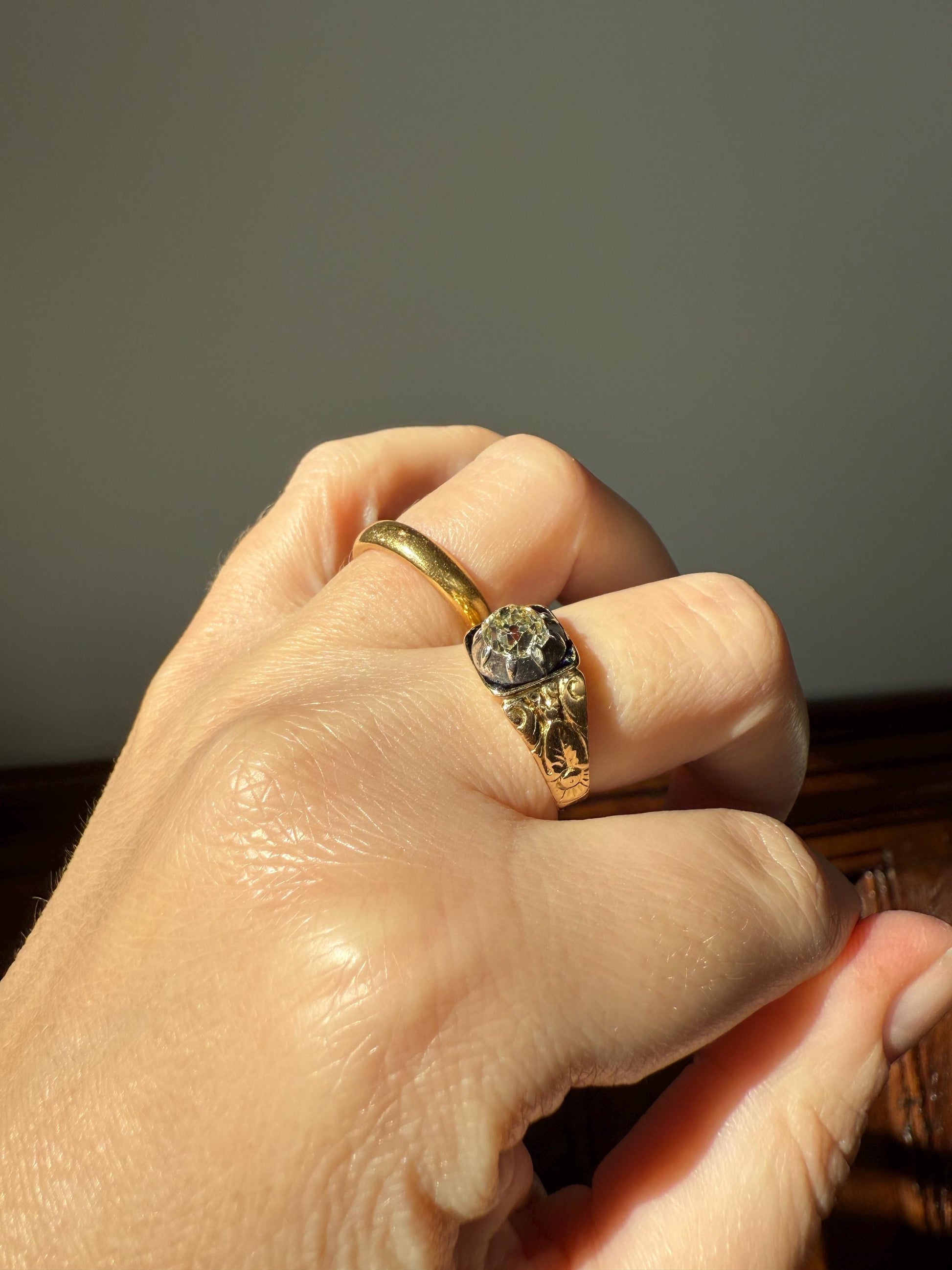 Chunky One Carat Old Mine Cut DIAMOND Solitaire Georgian to Early Victorian Open Back Antique 18k Gold Silver Collet Ornate Stacker OMC