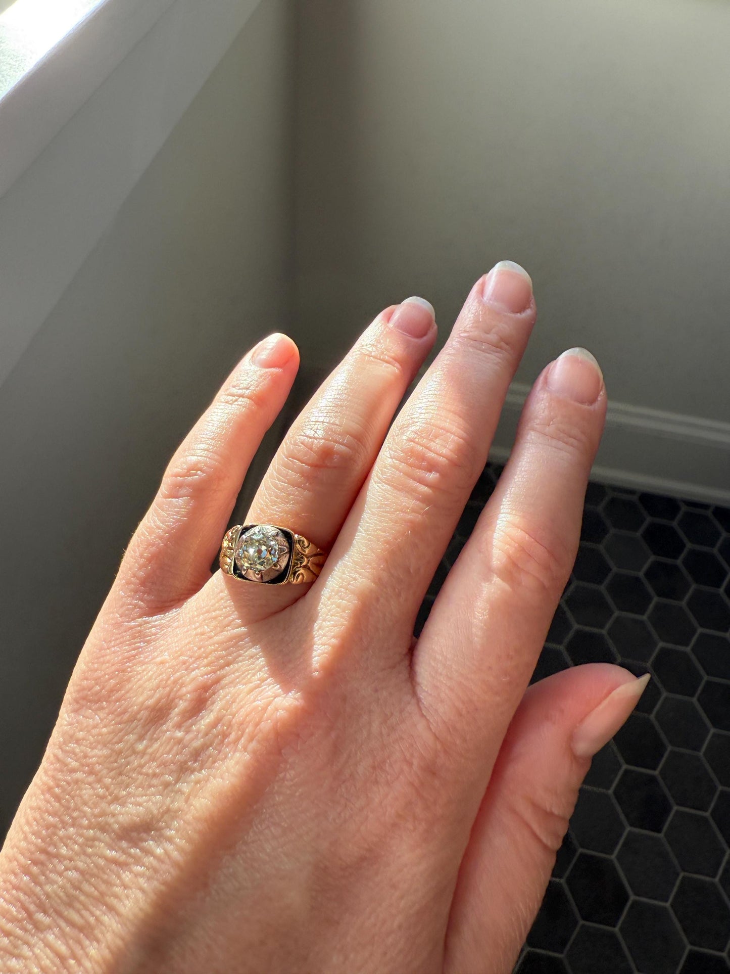 Chunky One Carat Old Mine Cut DIAMOND Solitaire Georgian to Early Victorian Open Back Antique 18k Gold Silver Collet Ornate Stacker OMC