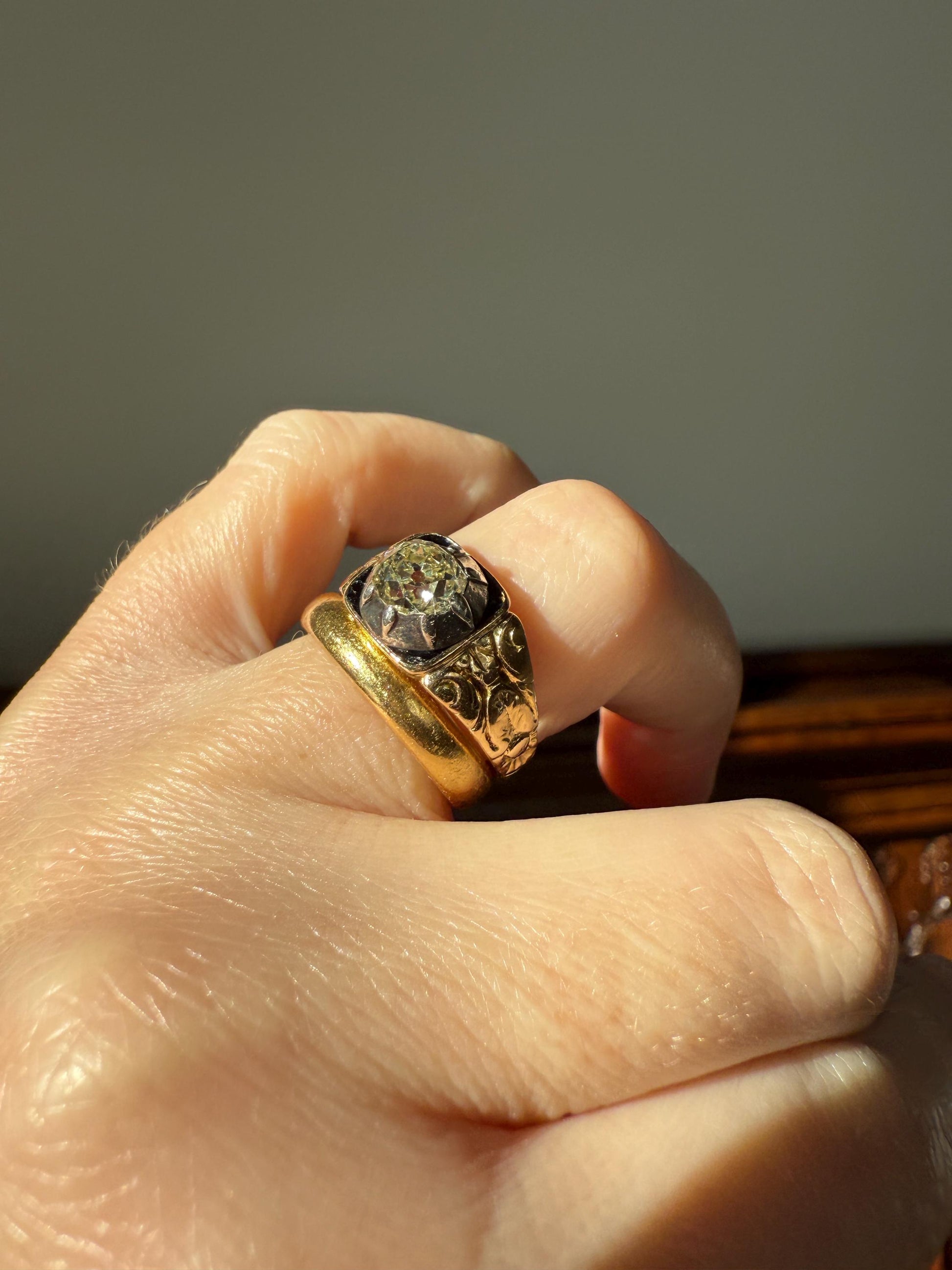 Chunky One Carat Old Mine Cut DIAMOND Solitaire Georgian to Early Victorian Open Back Antique 18k Gold Silver Collet Ornate Stacker OMC