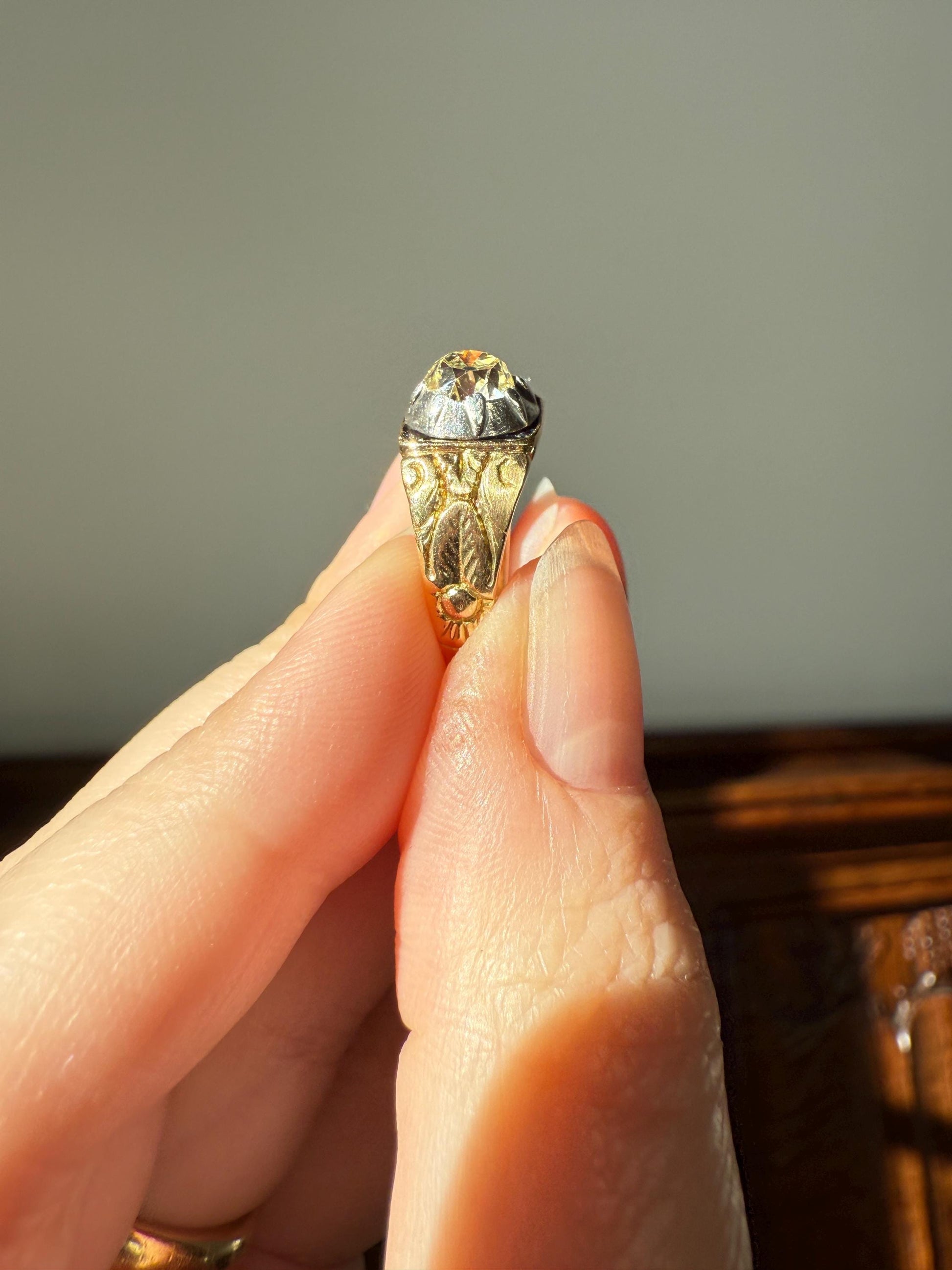 Chunky One Carat Old Mine Cut DIAMOND Solitaire Georgian to Early Victorian Open Back Antique 18k Gold Silver Collet Ornate Stacker OMC