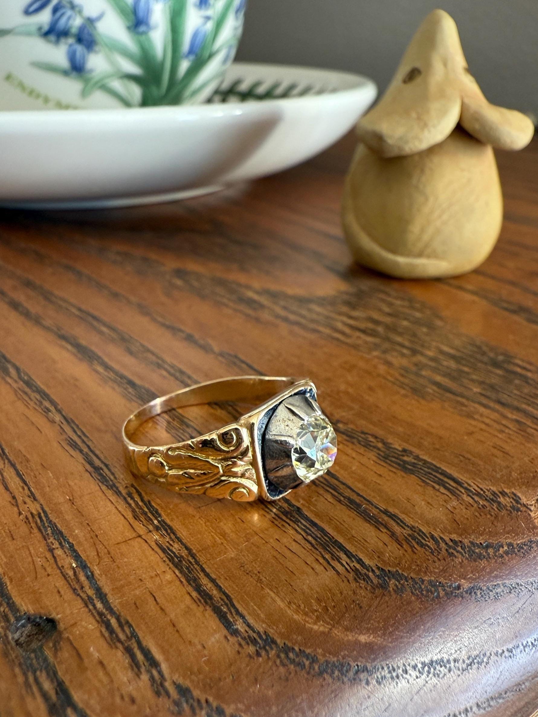 Chunky One Carat Old Mine Cut DIAMOND Solitaire Georgian to Early Victorian Open Back Antique 18k Gold Silver Collet Ornate Stacker OMC