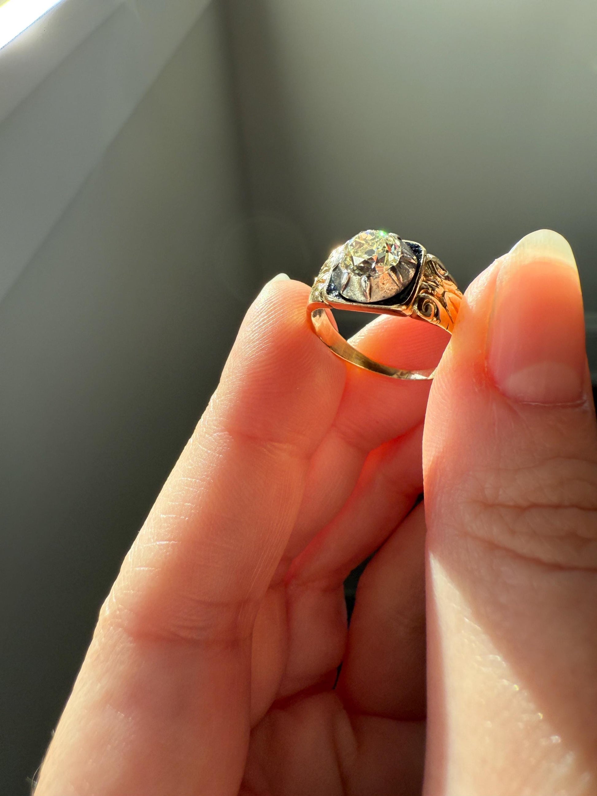 Chunky One Carat Old Mine Cut DIAMOND Solitaire Georgian to Early Victorian Open Back Antique 18k Gold Silver Collet Ornate Stacker OMC