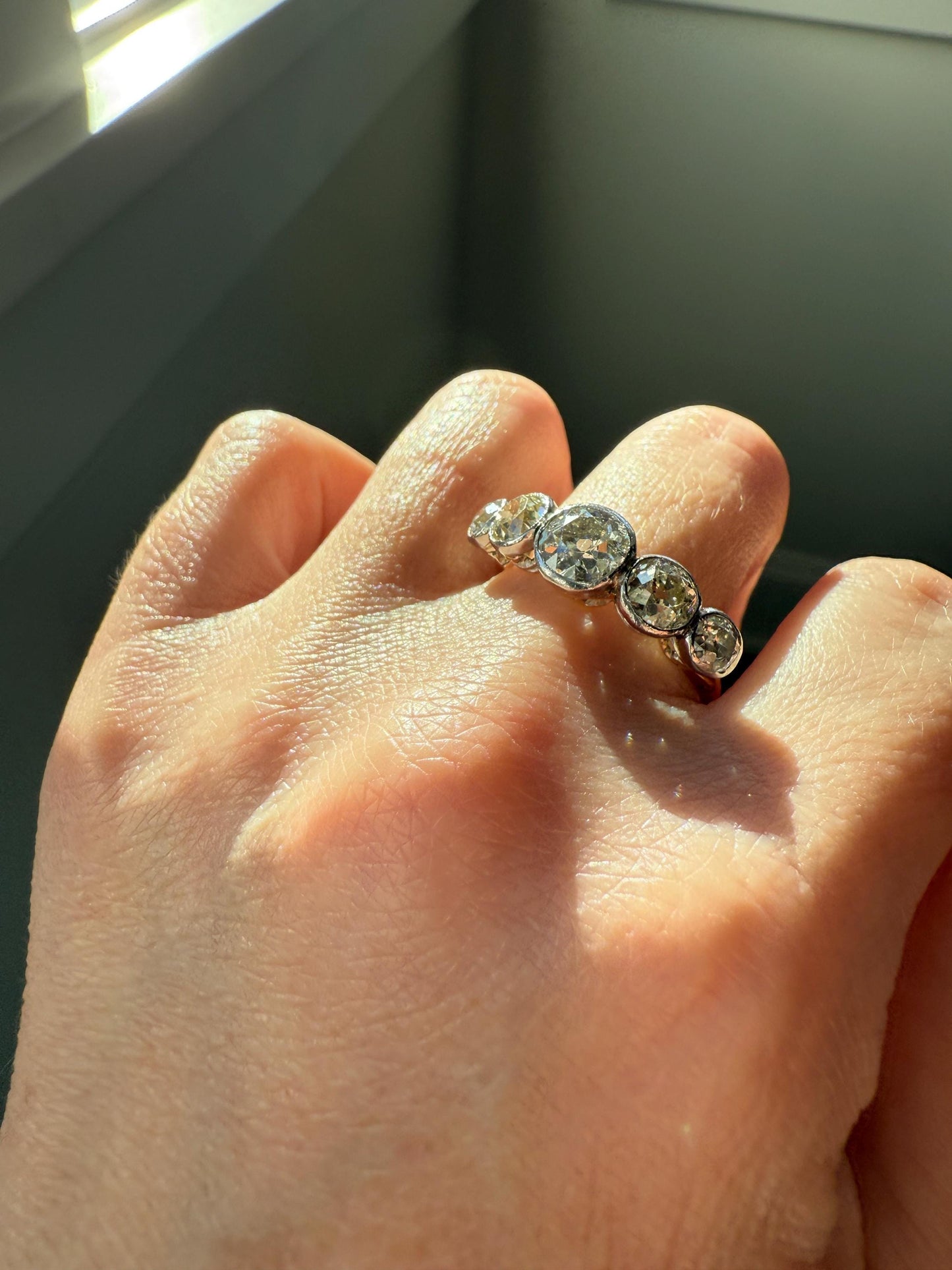 Large Antique 3 CARATS Old Mine Cut DIAMOND Five Stone Stacker Band Bezel Set Edwardian 18k Gold Big Finger Size 3Ctw OMC
