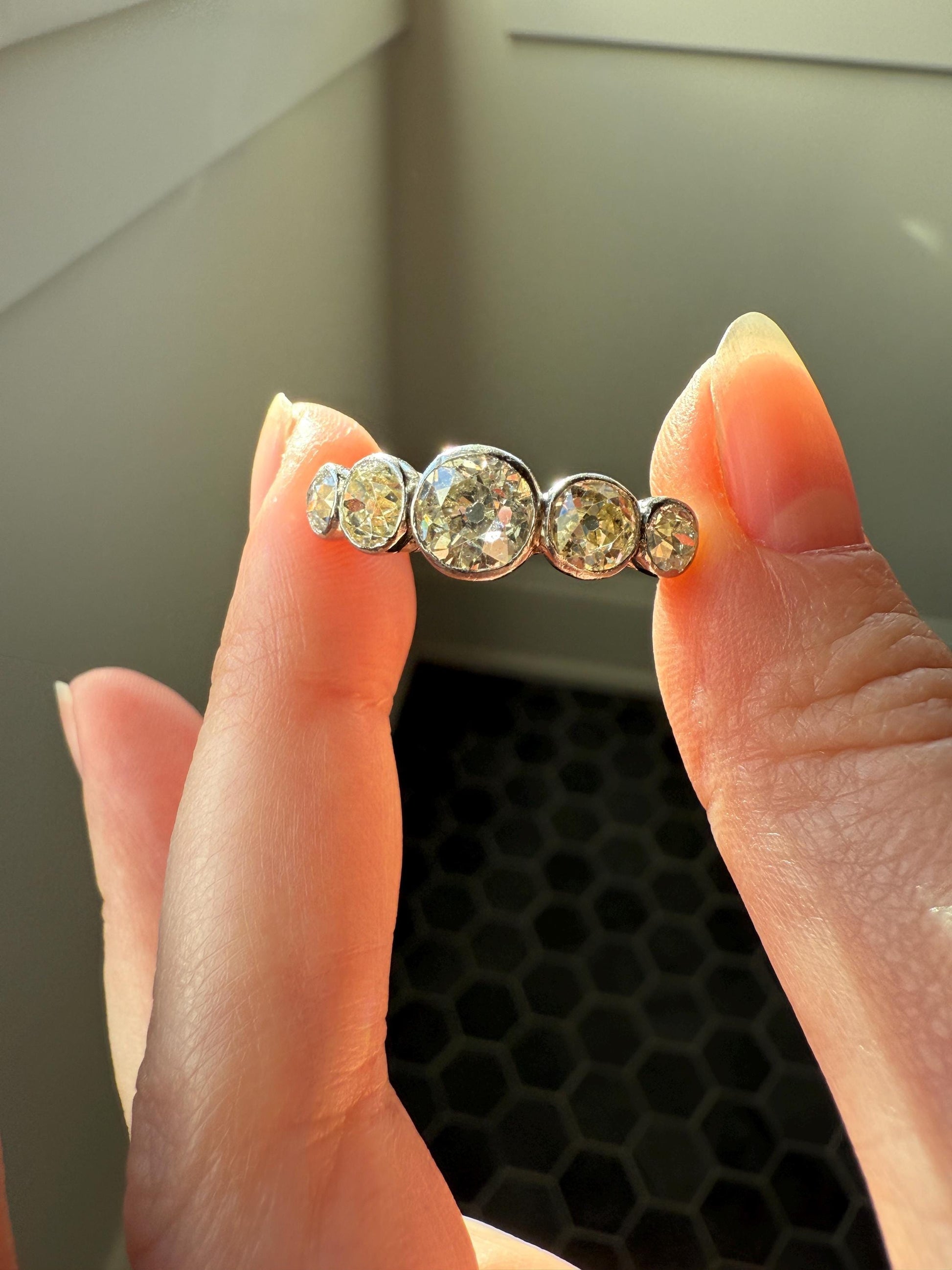 Large Antique 3 CARATS Old Mine Cut DIAMOND Five Stone Stacker Band Bezel Set Edwardian 18k Gold Big Finger Size 3Ctw OMC