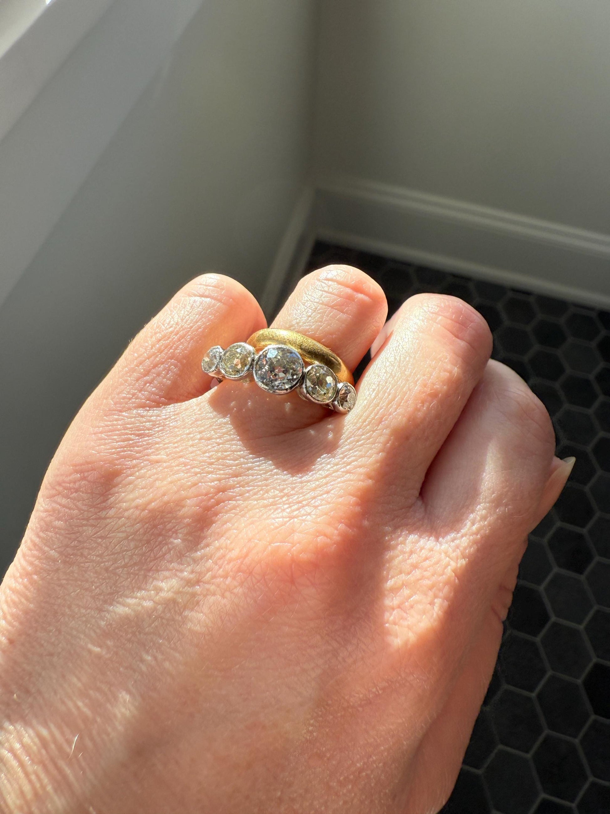 Large Antique 3 CARATS Old Mine Cut DIAMOND Five Stone Stacker Band Bezel Set Edwardian 18k Gold Big Finger Size 3Ctw OMC