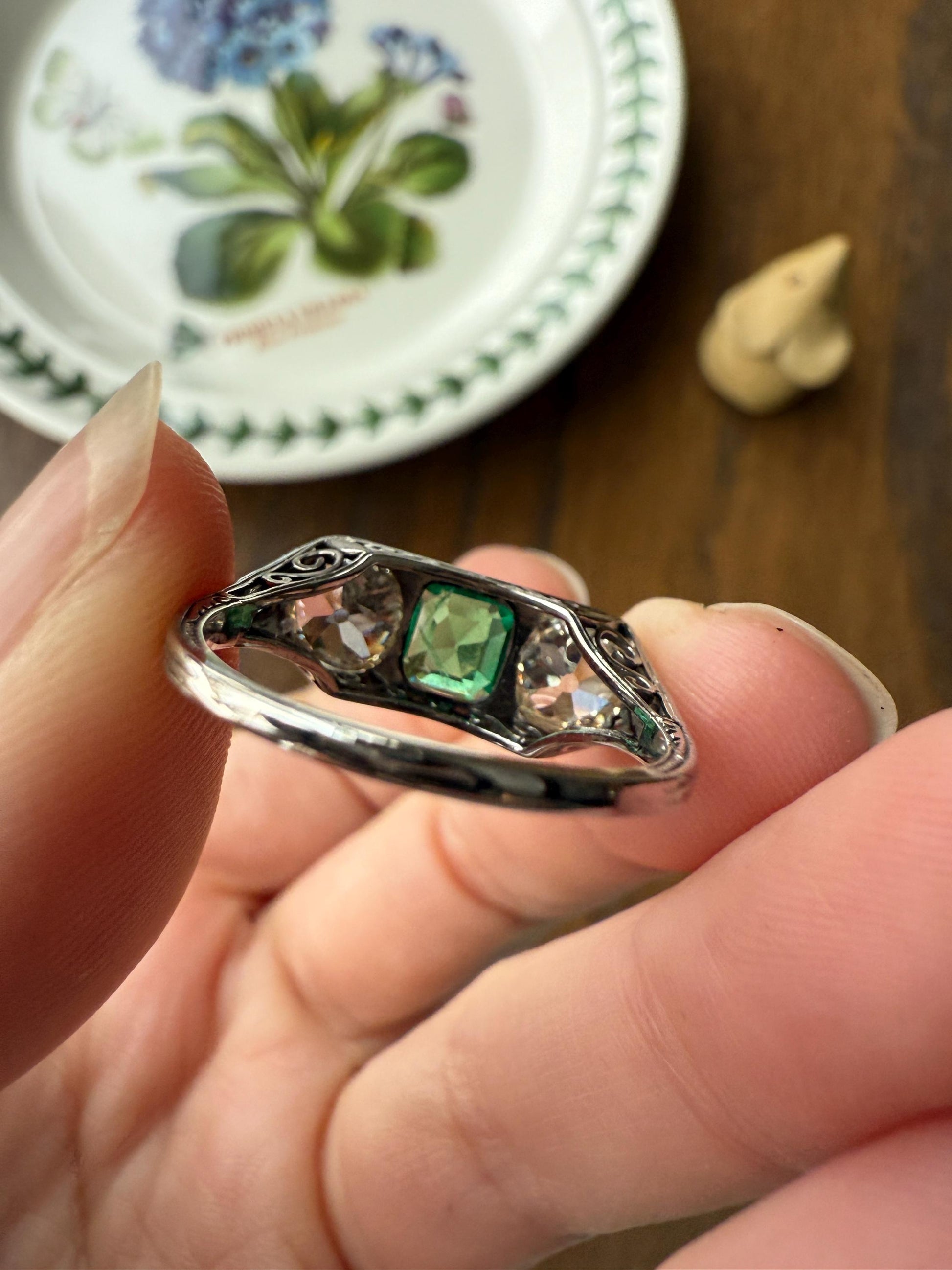 Special Antique Natural Emerald 2 Carats Old Mine Cut DIAMOND Three Stone Ring Boxed Platinum Green Art Deco Ornate Filigree Stacker