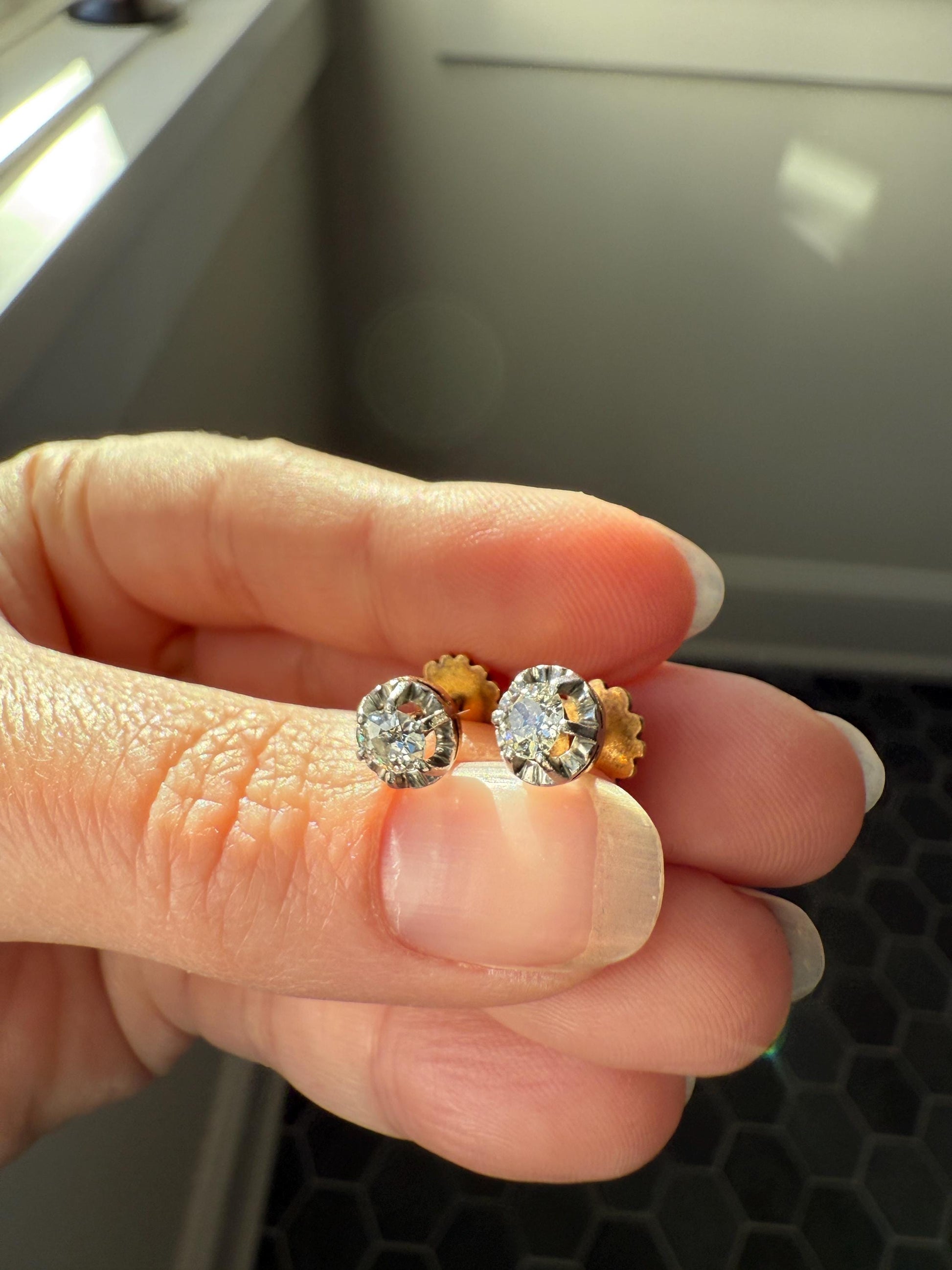 Antique .56 Carat Tdw Old Mine Cut DIAMOND Studs 18k Gold Screw Back Stud EARRINGS French Romantic Gift Belle Epoque Bridal Minimalist