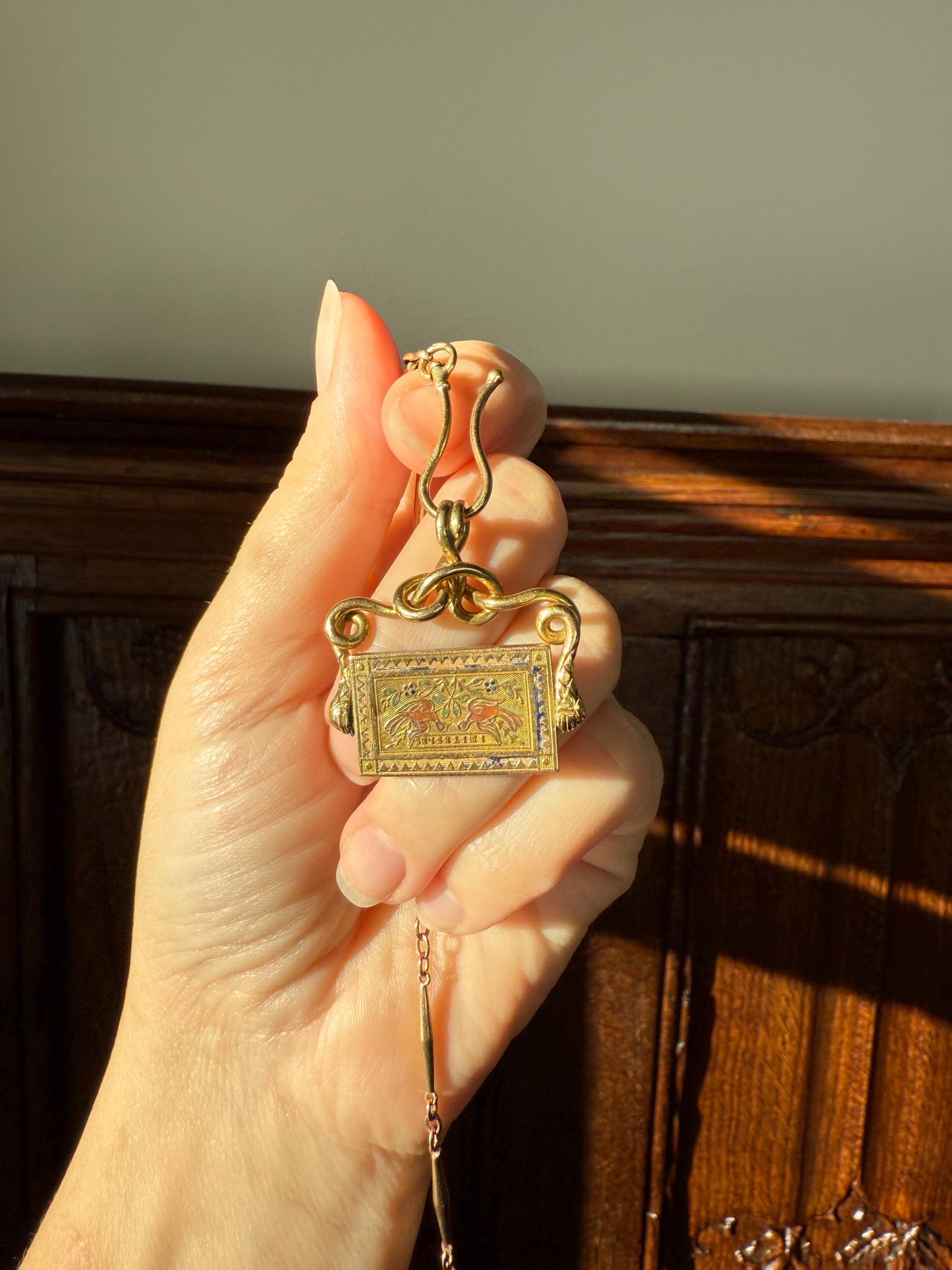 Antique SNAKE "Imitate the BIRDS" Floral Pansy Reversible Fob Pendant Heavy 7.3g 18k Gold French Traditional Enamel Coiled Two Heads