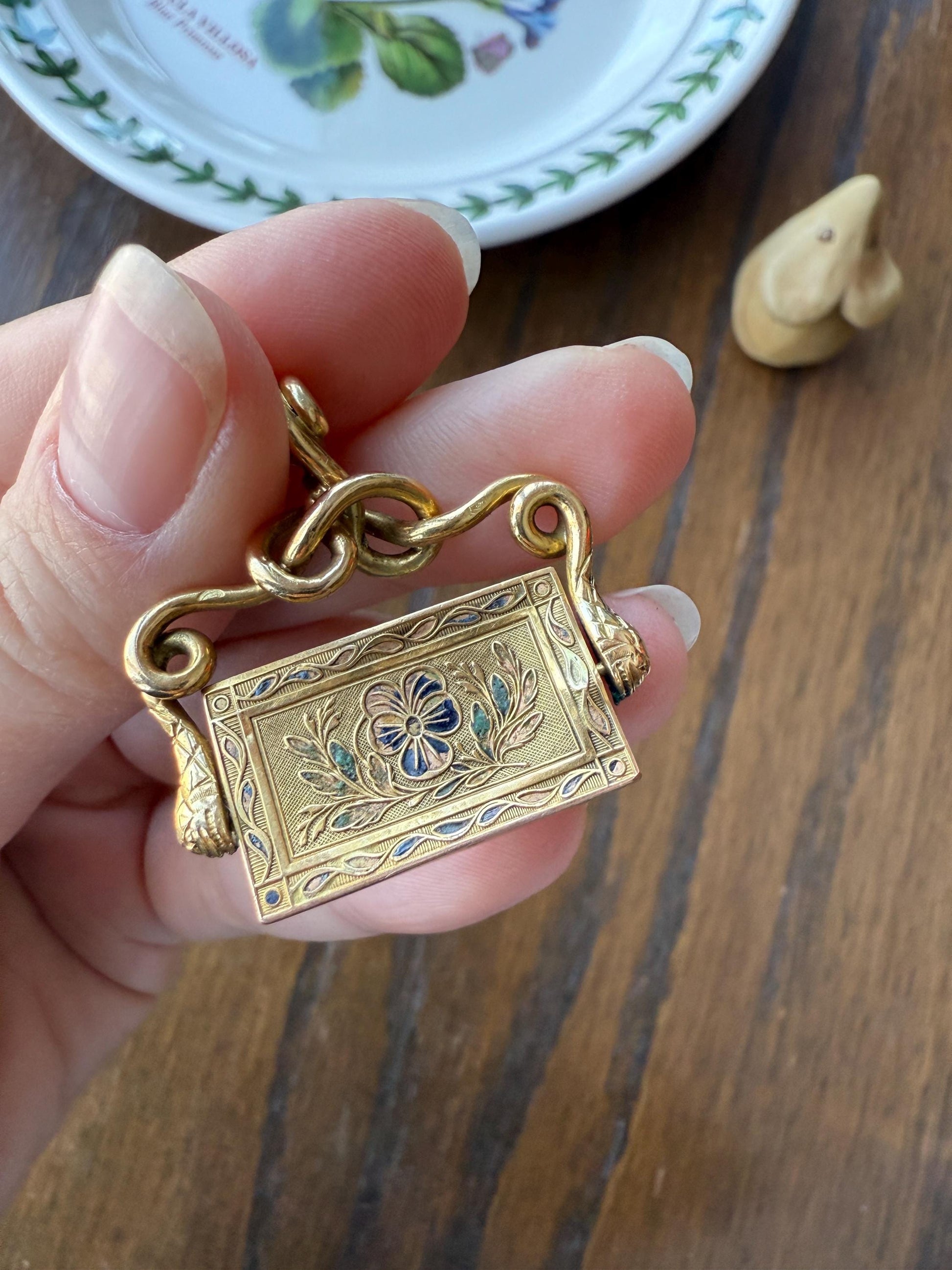 Antique SNAKE "Imitate the BIRDS" Floral Pansy Reversible Fob Pendant Heavy 7.3g 18k Gold French Traditional Enamel Coiled Two Heads