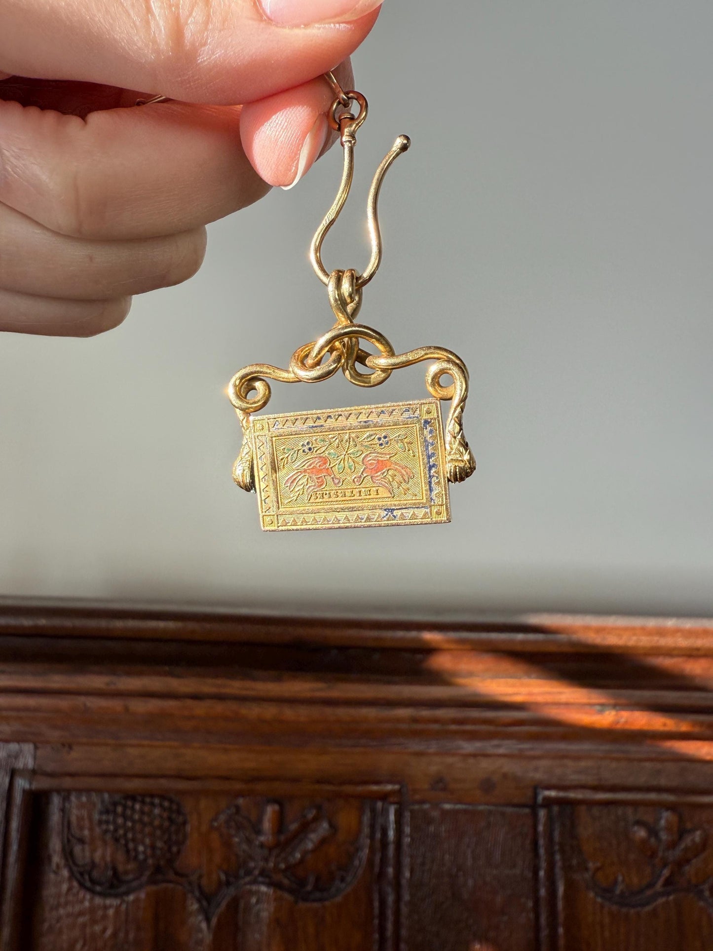 Antique SNAKE "Imitate the BIRDS" Floral Pansy Reversible Fob Pendant Heavy 7.3g 18k Gold French Traditional Enamel Coiled Two Heads