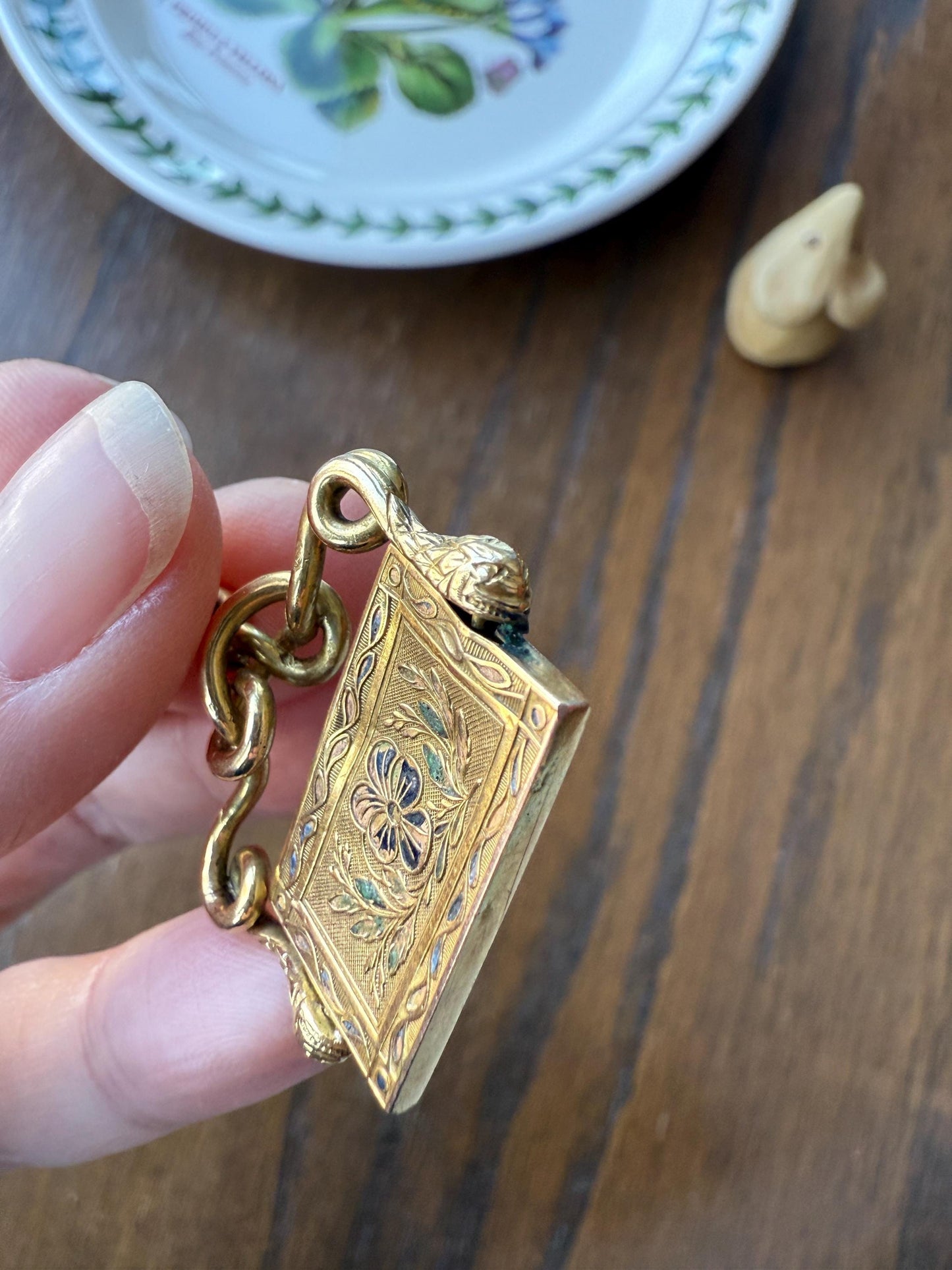 Antique SNAKE "Imitate the BIRDS" Floral Pansy Reversible Fob Pendant Heavy 7.3g 18k Gold French Traditional Enamel Coiled Two Heads