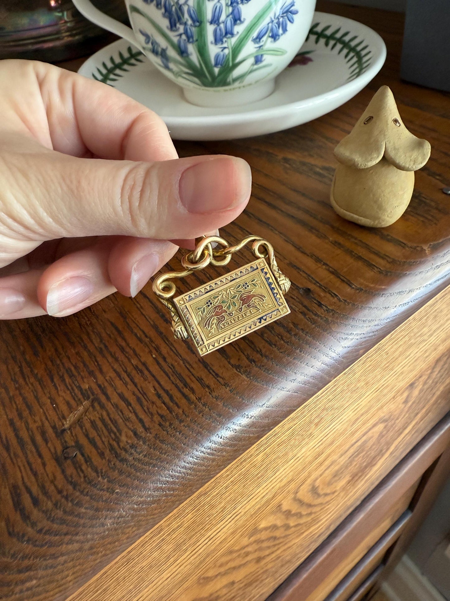 Antique SNAKE "Imitate the BIRDS" Floral Pansy Reversible Fob Pendant Heavy 7.3g 18k Gold French Traditional Enamel Coiled Two Heads