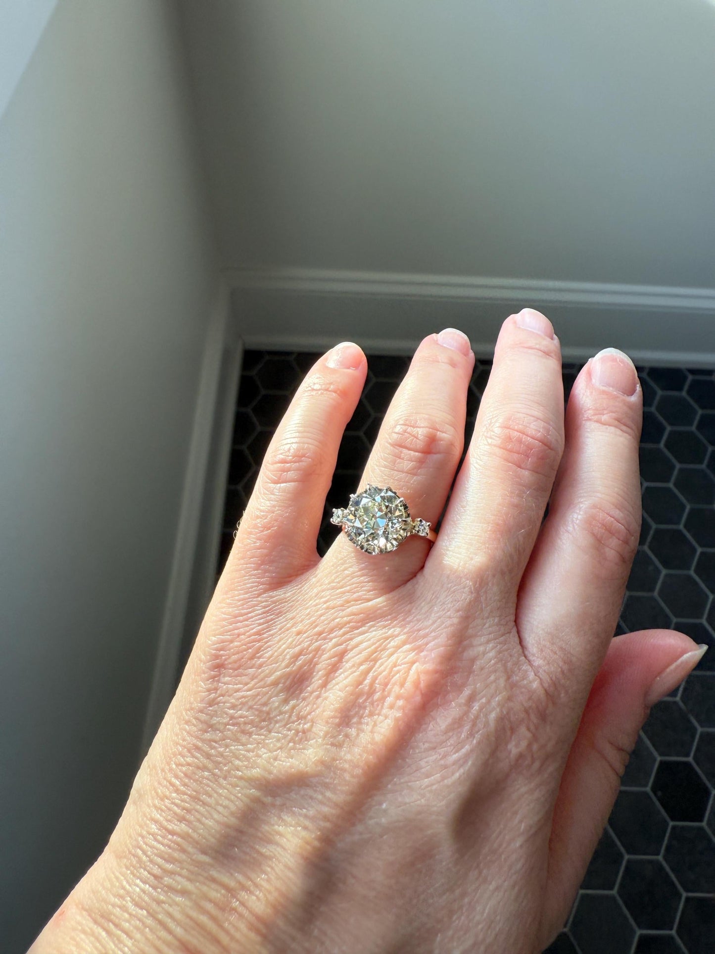 Special French Original Antique 4.07 CARAT Natural Old European Cut DIAMOND Eye Clean Solitaire Engagement Ring 18k Rosy Gold Platinum