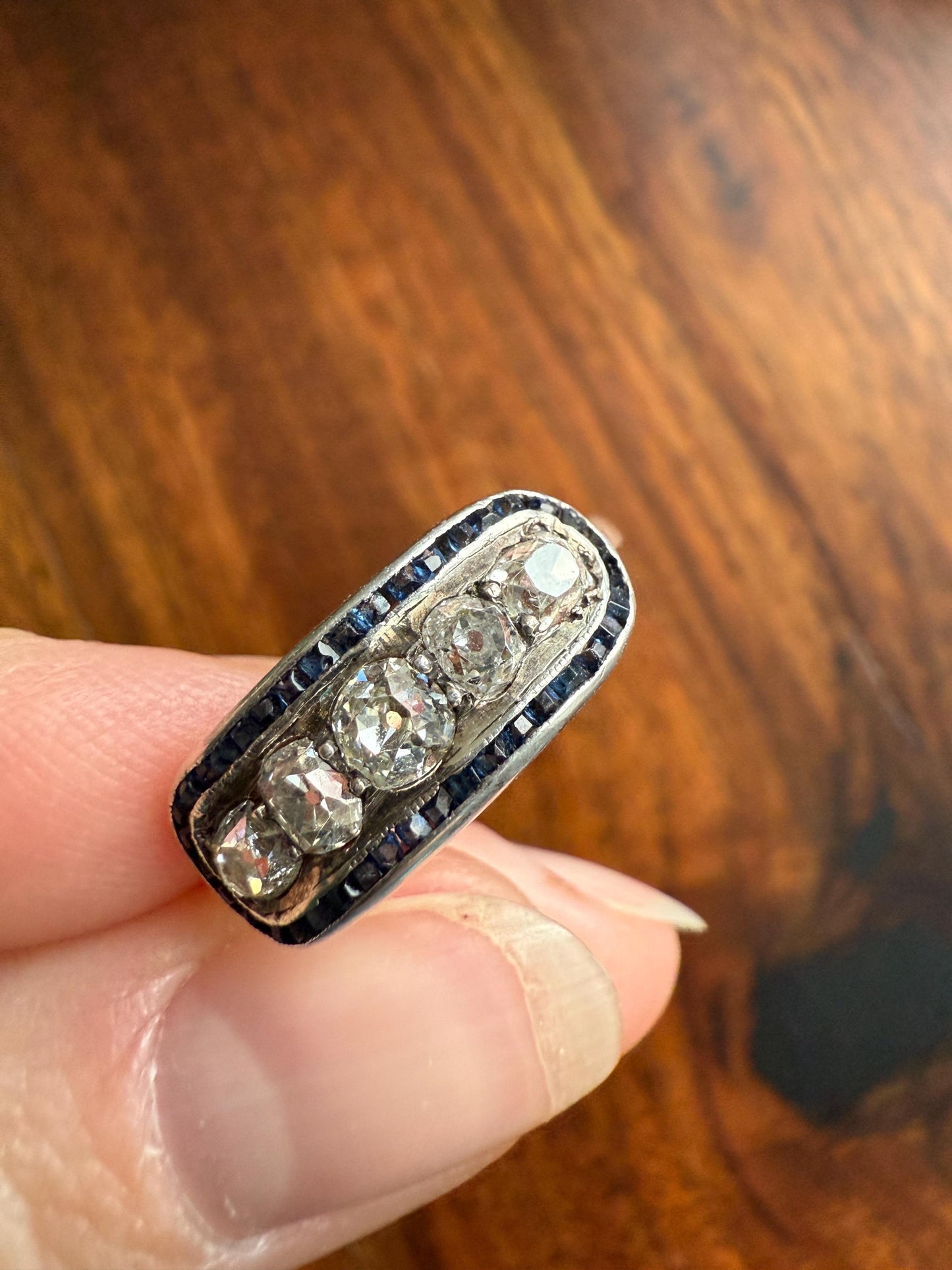 Antique One CARAT Old Mine Cut DiAMOND Five Stone Sapphire East West HALO Ring Carre Square Cut Stacker Band 14k Gold