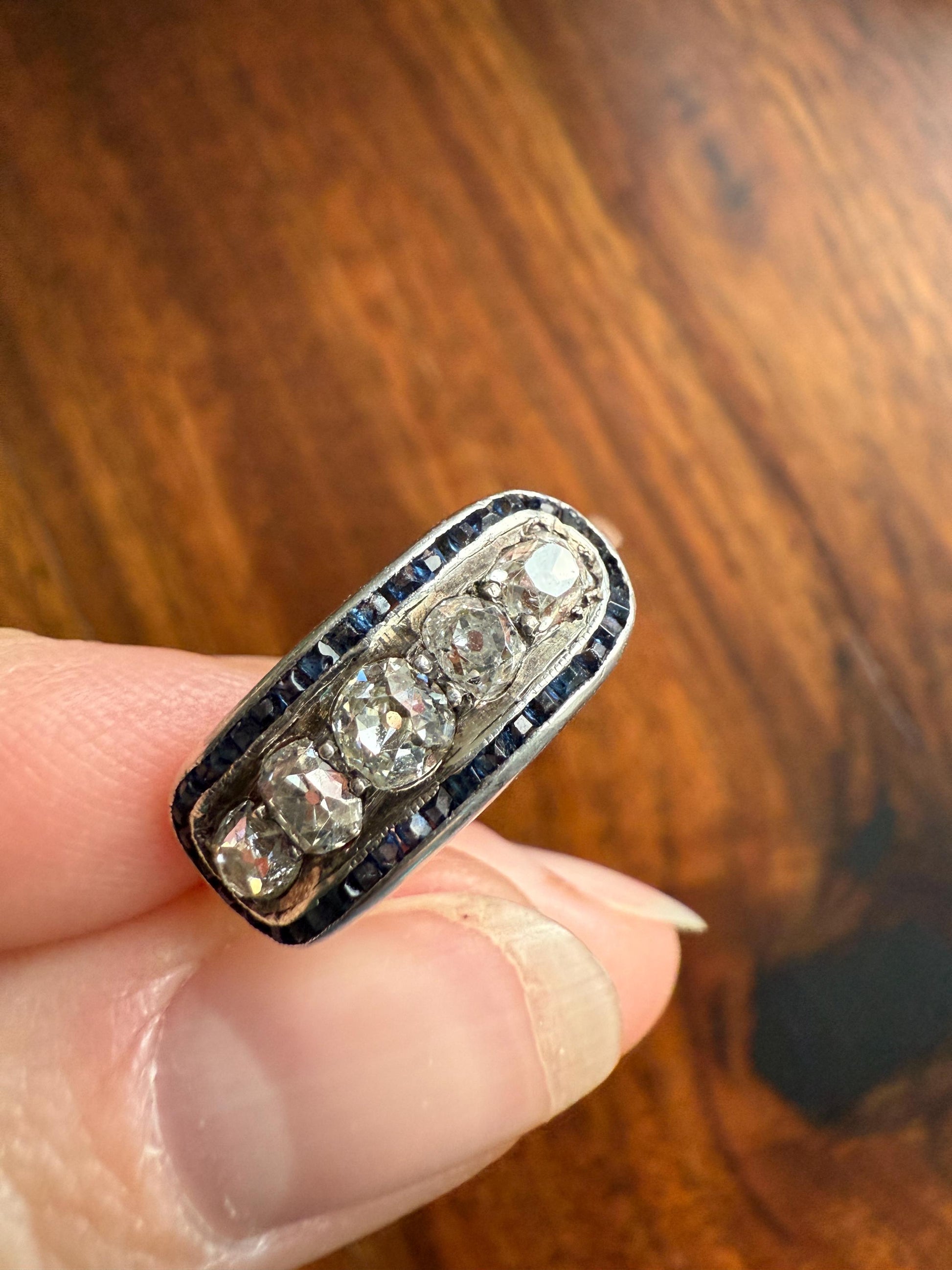 Antique One CARAT Old Mine Cut DiAMOND Five Stone Sapphire East West HALO Ring Carre Square Cut Stacker Band 14k Gold