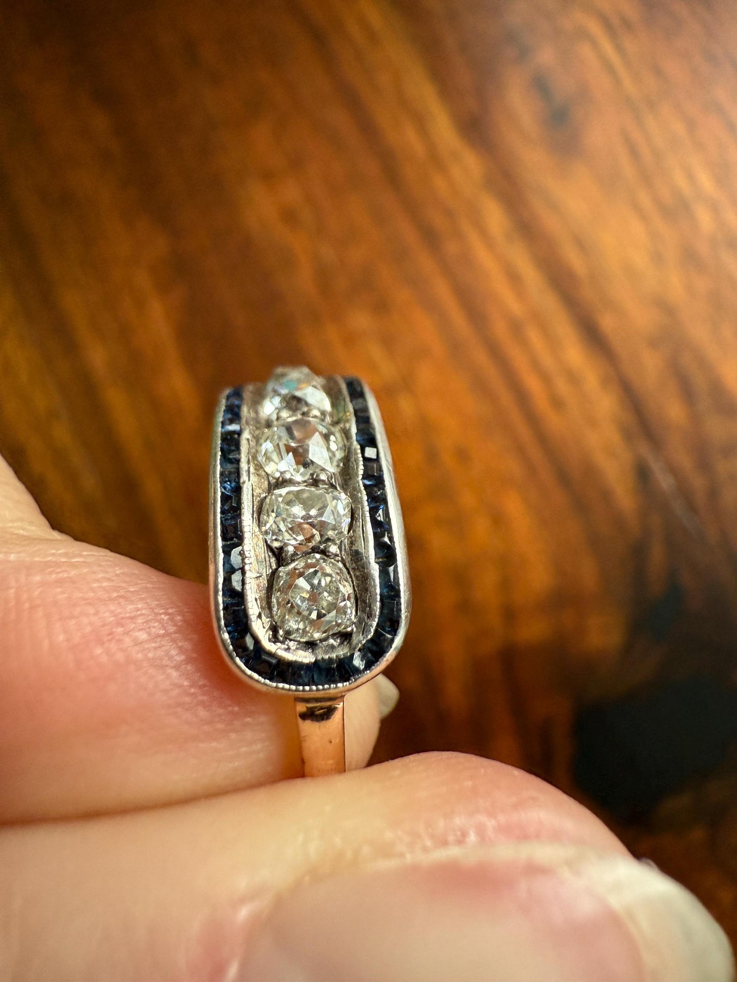 Antique One CARAT Old Mine Cut DiAMOND Five Stone Sapphire East West HALO Ring Carre Square Cut Stacker Band 14k Gold