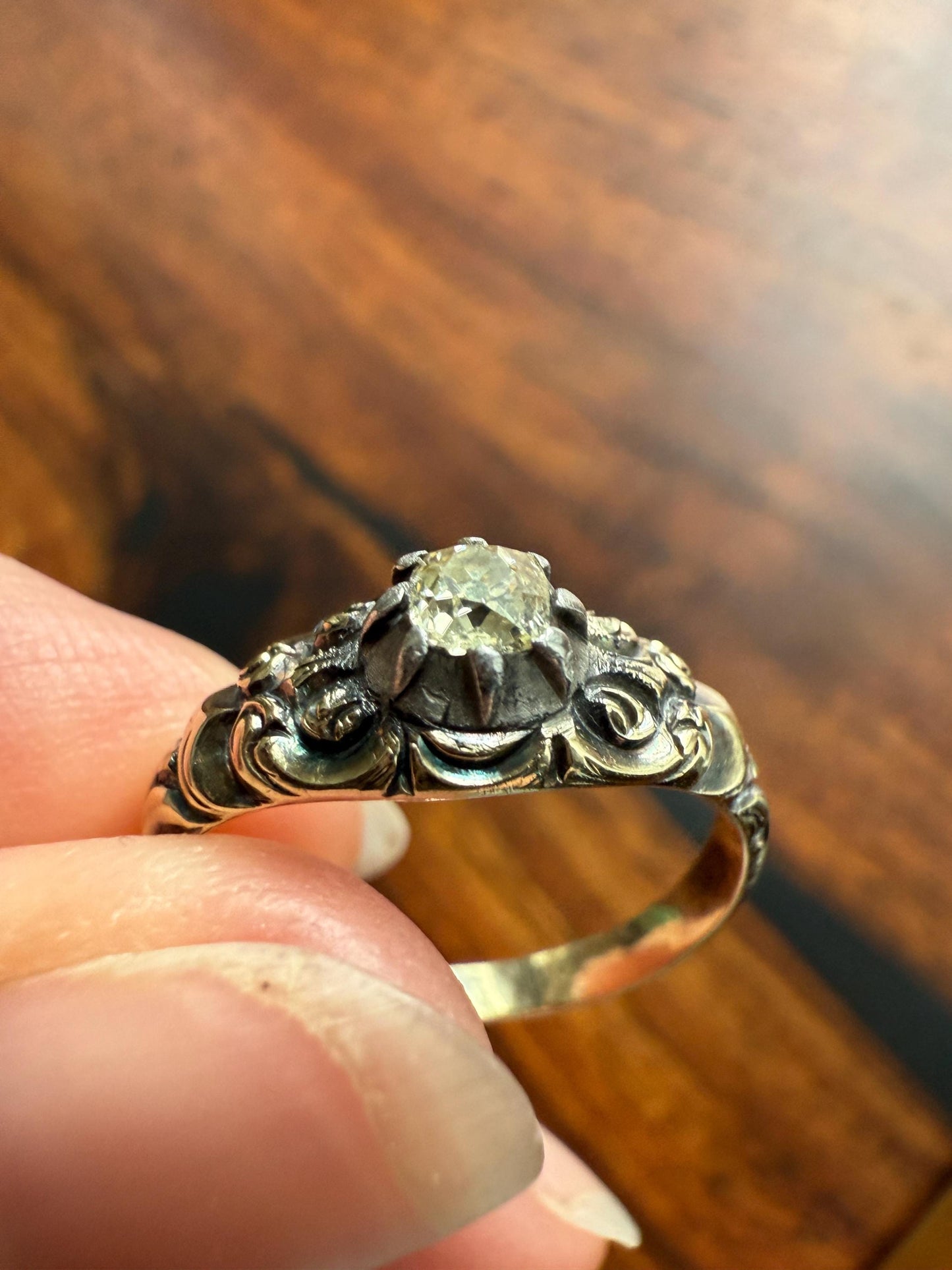 Antique Old Mine Cut DIAMOND Swirl Embossed Georgian ANTIQUE Ring Warm Pale Yellow Stone 14k Gold Silver Collet Band Stacker Solitaire Gift