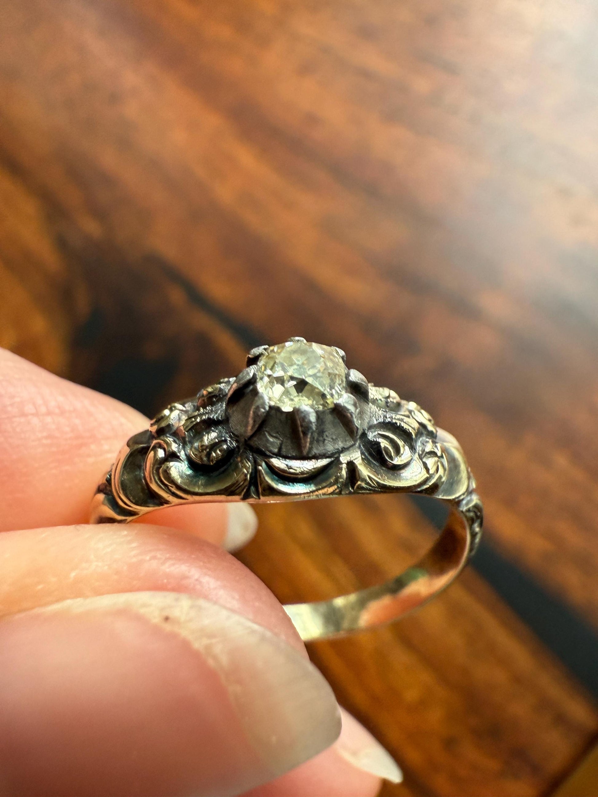 Antique Old Mine Cut DIAMOND Swirl Embossed Georgian ANTIQUE Ring Warm Pale Yellow Stone 14k Gold Silver Collet Band Stacker Solitaire Gift