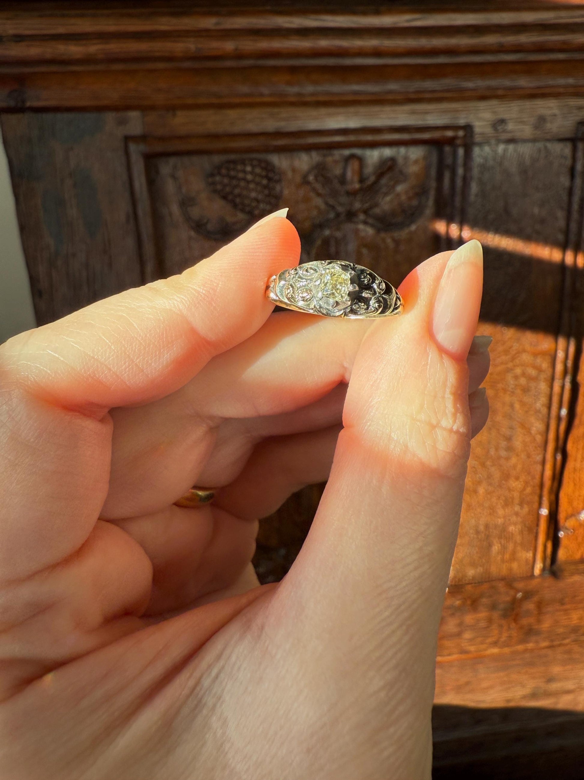 Antique Old Mine Cut DIAMOND Swirl Embossed Georgian ANTIQUE Ring Warm Pale Yellow Stone 14k Gold Silver Collet Band Stacker Solitaire Gift