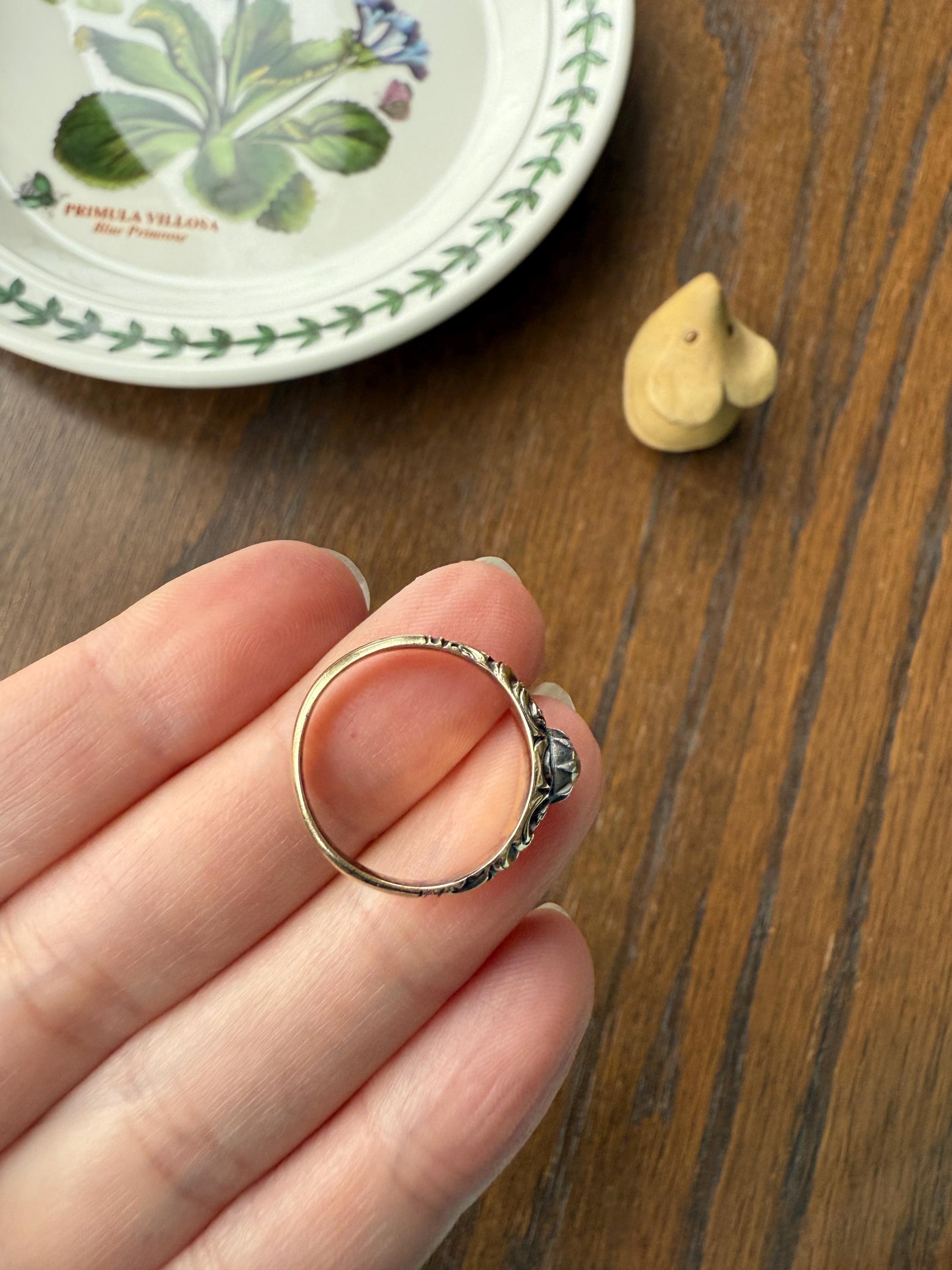 Antique Old Mine Cut DIAMOND Swirl Embossed Georgian ANTIQUE Ring Warm Pale Yellow Stone 14k Gold Silver Collet Band Stacker Solitaire Gift