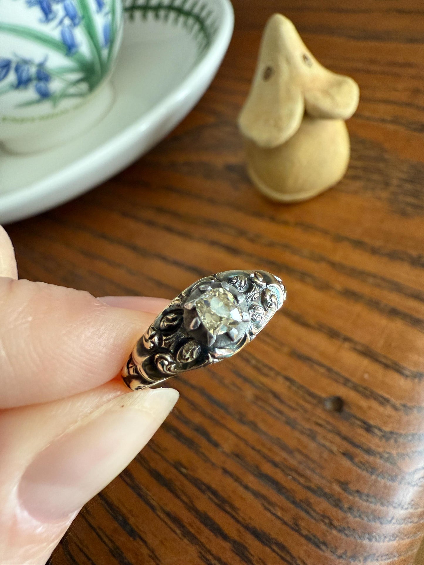 Antique Old Mine Cut DIAMOND Swirl Embossed Georgian ANTIQUE Ring Warm Pale Yellow Stone 14k Gold Silver Collet Band Stacker Solitaire Gift