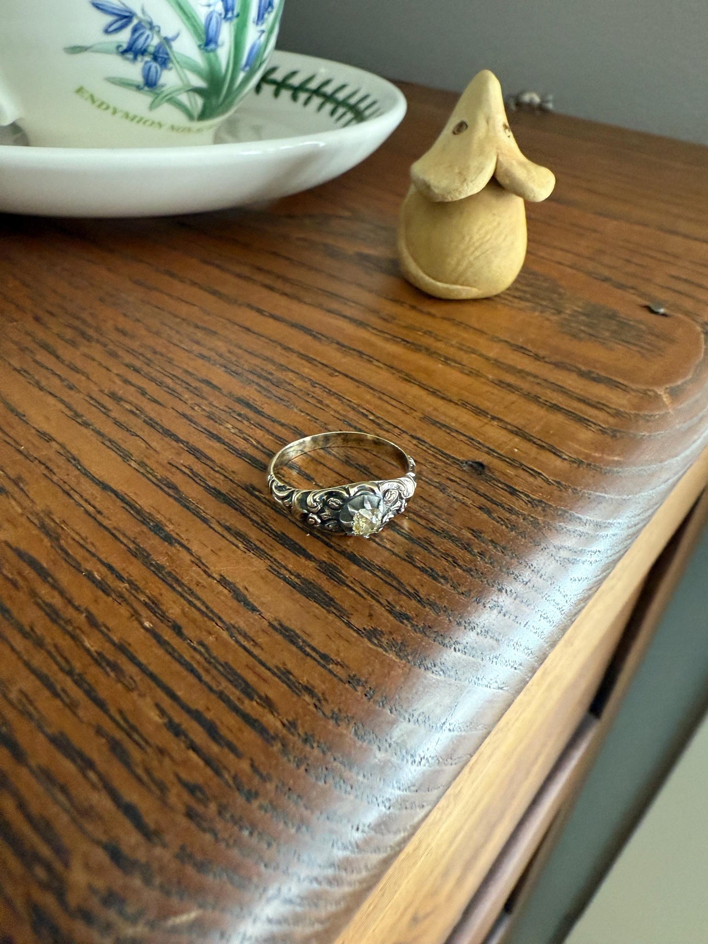 Antique Old Mine Cut DIAMOND Swirl Embossed Georgian ANTIQUE Ring Warm Pale Yellow Stone 14k Gold Silver Collet Band Stacker Solitaire Gift