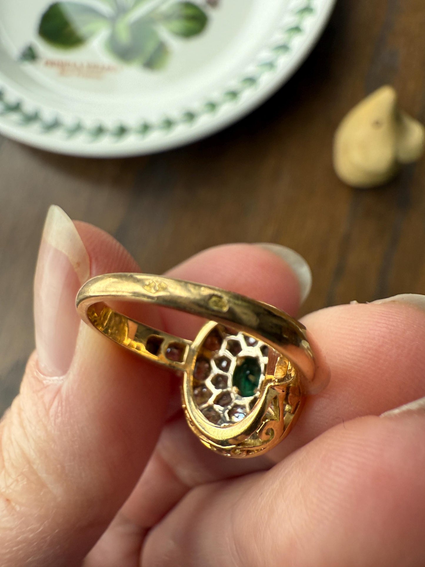 Antique Oval Pave Panel Ring Green Natural Emerald 1.25 Carat Old Mine Cut Diamonds Cluster 18k Gold French Ornate Texture