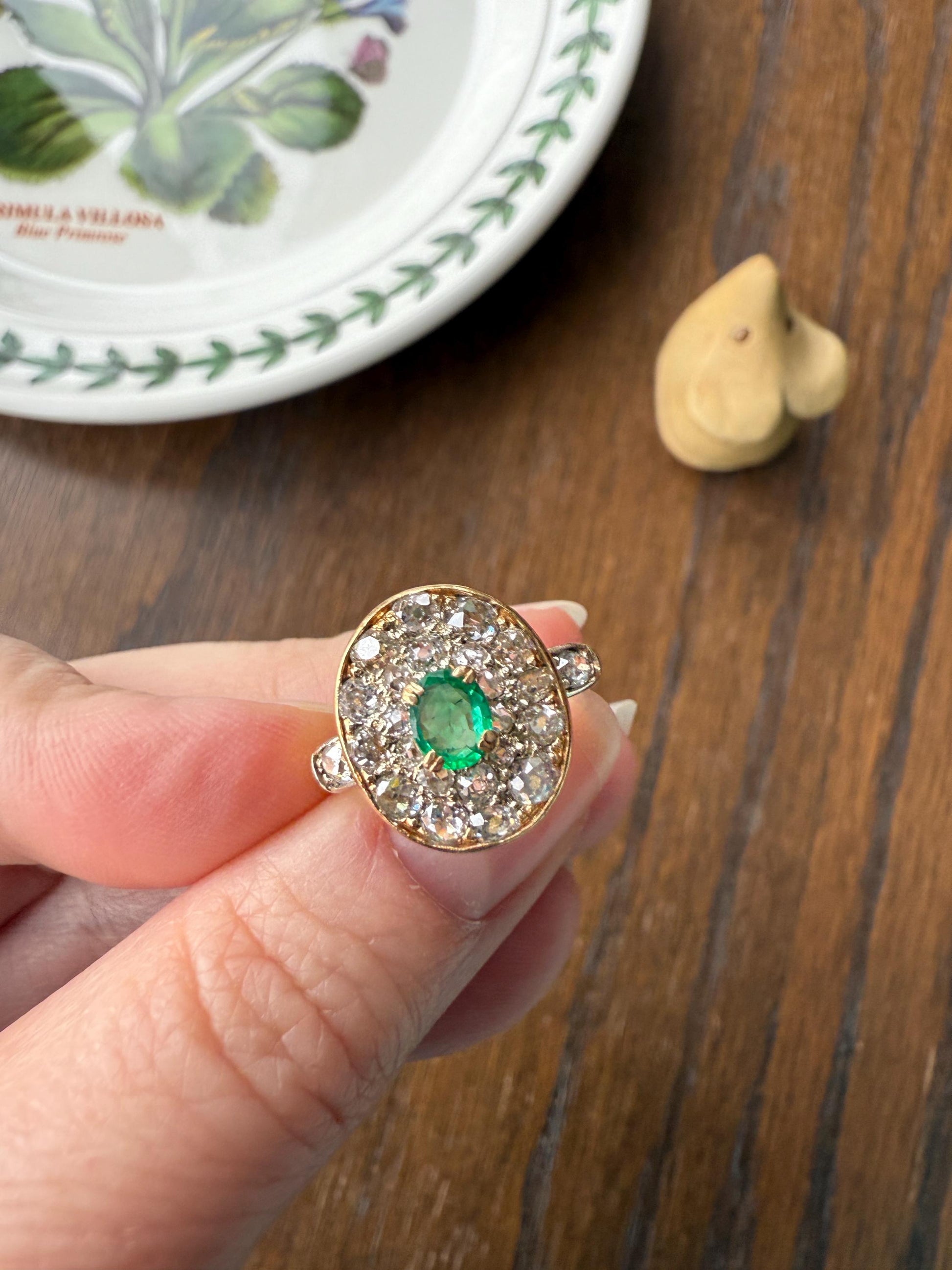 Antique Oval Pave Panel Ring Green Natural Emerald 1.25 Carat Old Mine Cut Diamonds Cluster 18k Gold French Ornate Texture