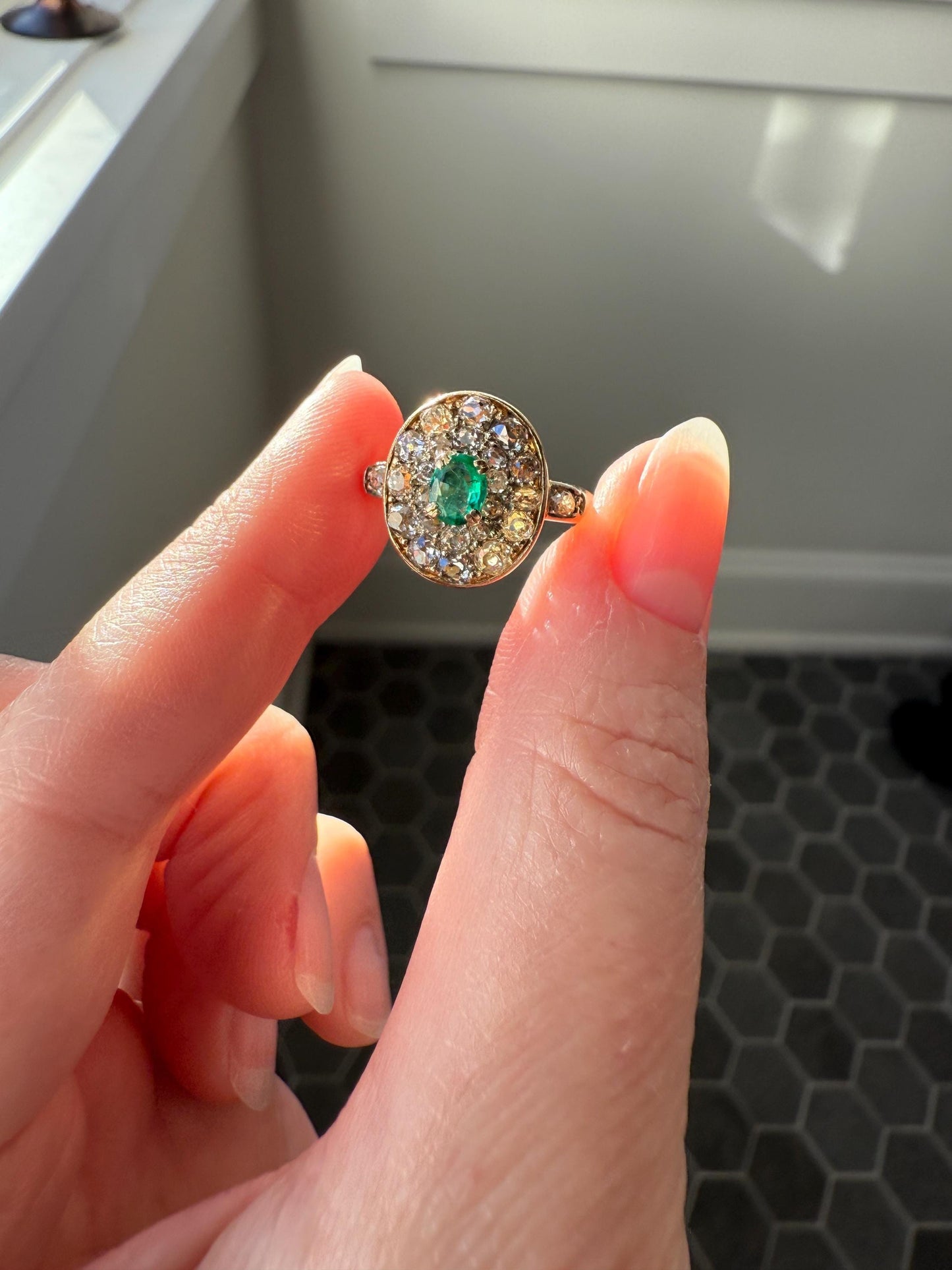 Antique Oval Pave Panel Ring Green Natural Emerald 1.25 Carat Old Mine Cut Diamonds Cluster 18k Gold French Ornate Texture