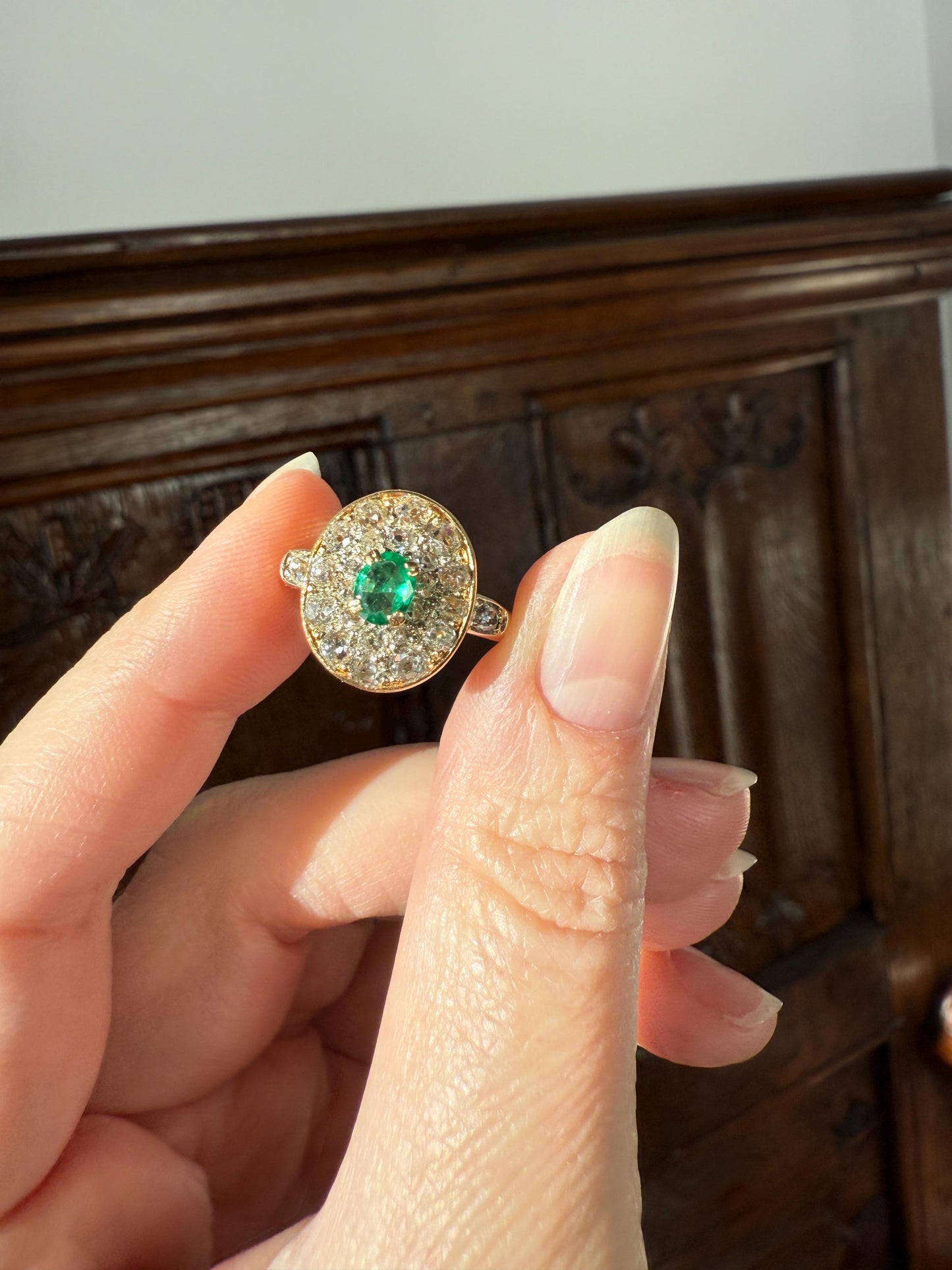 Antique Oval Pave Panel Ring Green Natural Emerald 1.25 Carat Old Mine Cut Diamonds Cluster 18k Gold French Ornate Texture